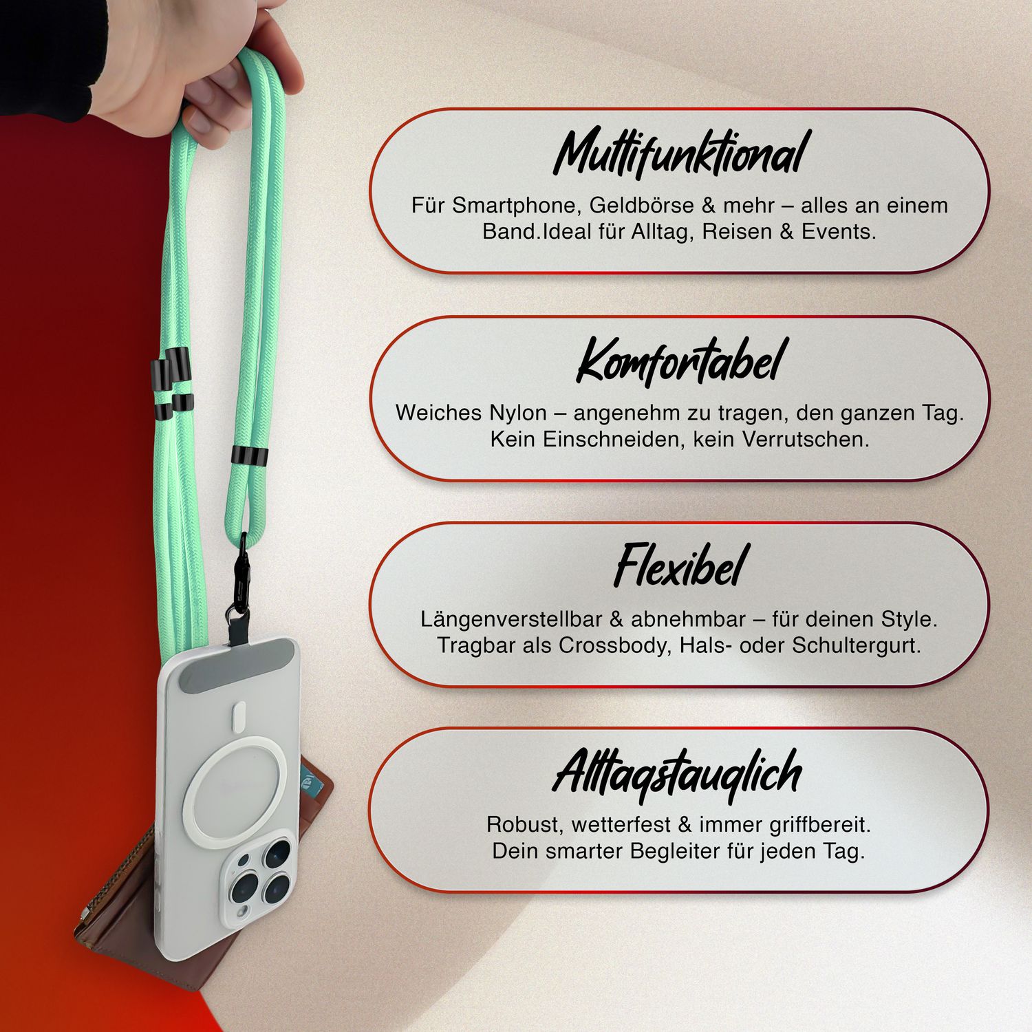 NALIA HoldMe Universal Handykette für Smartphone & Handyhüllen, Nylon-Seil Verstellbar & Abnehmbar, Umhänge-Band, Handyband, Lanyard mit Karabiner & 2 Patches Türkis NALIA Universal Handykette