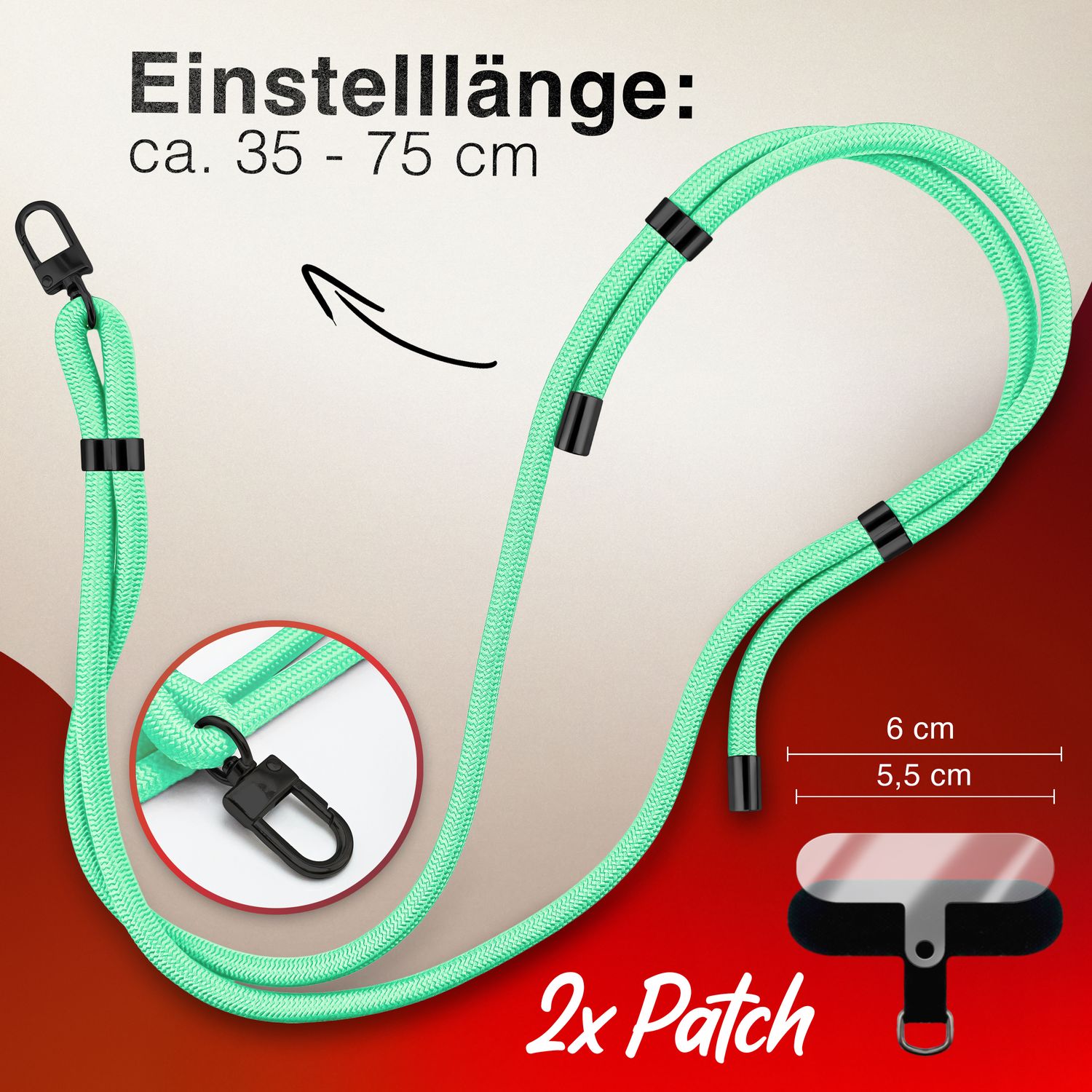 NALIA HoldMe Universal Handykette für Smartphone & Handyhüllen, Nylon-Seil Verstellbar & Abnehmbar, Umhänge-Band, Handyband, Lanyard mit Karabiner & 2 Patches Türkis NALIA Universal Handykette