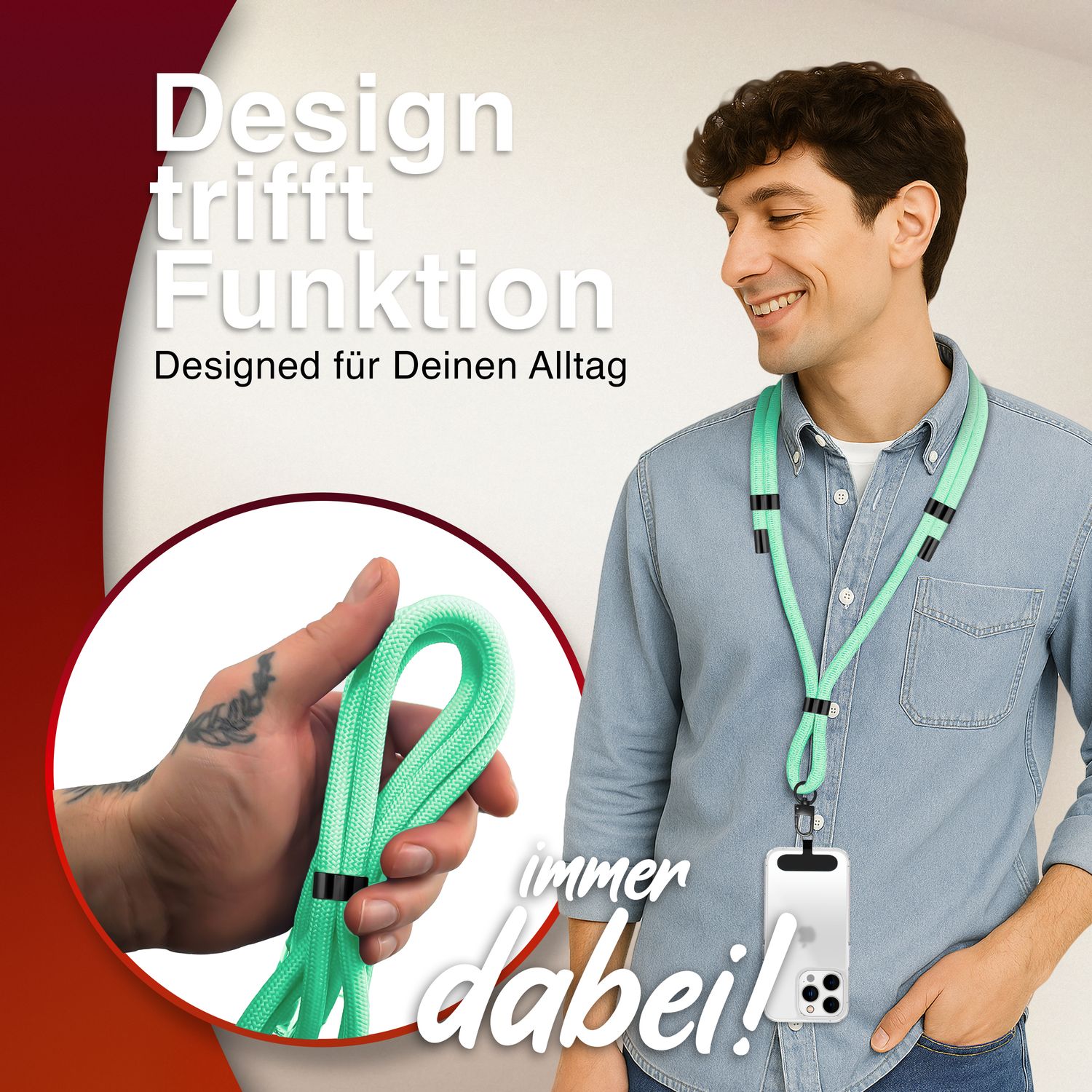 NALIA HoldMe Universal Handykette für Smartphone & Handyhüllen, Nylon-Seil Verstellbar & Abnehmbar, Umhänge-Band, Handyband, Lanyard mit Karabiner & 2 Patches Türkis NALIA Universal Handykette