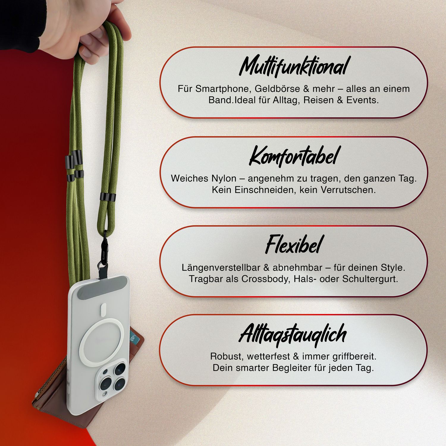 NALIA HoldMe Universal Handykette für Smartphone & Handyhüllen, Nylon-Seil Verstellbar & Abnehmbar, Umhänge-Band, Handyband, Lanyard mit Karabiner & 2 Patches Oliv Grün NALIA Universal Handykette
