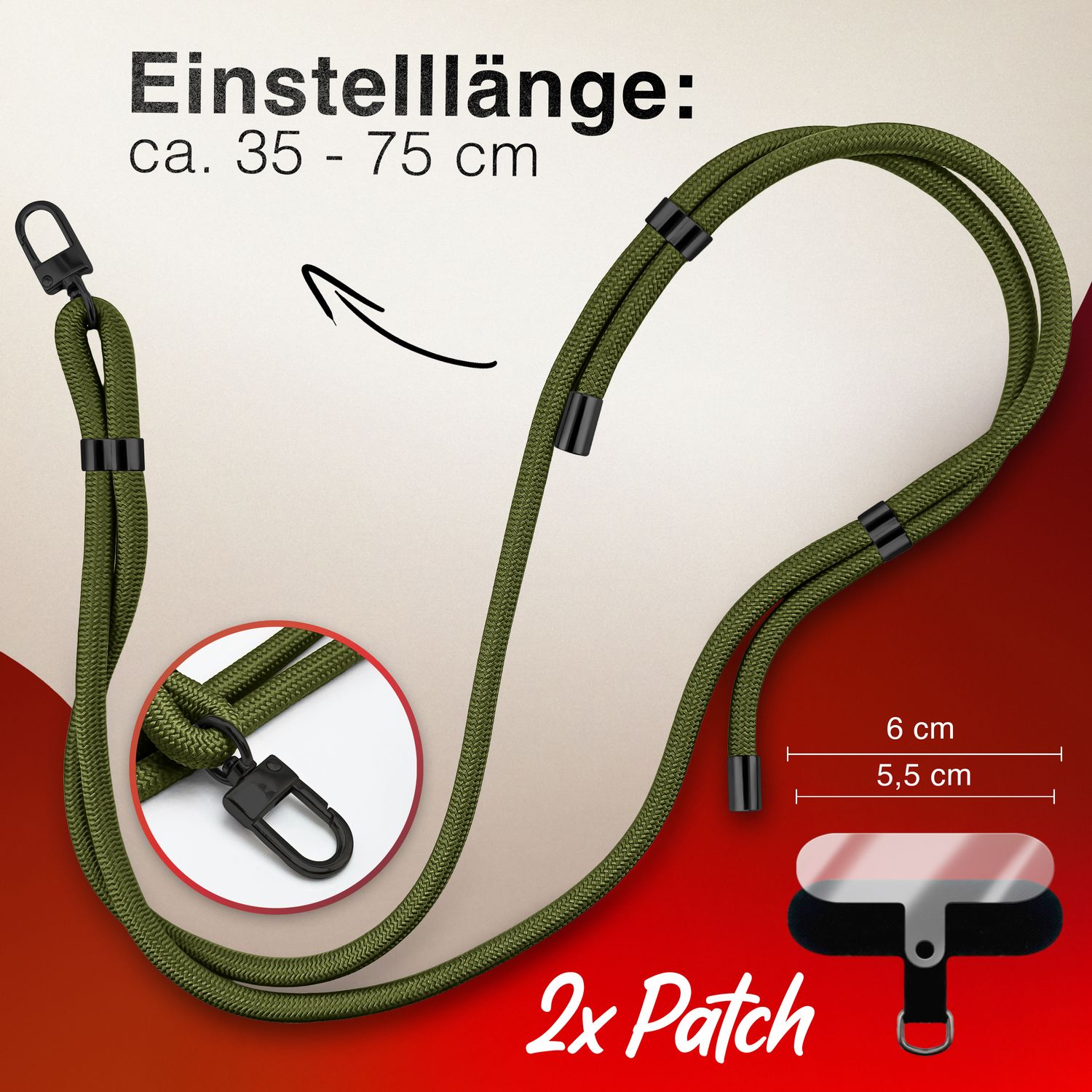 NALIA HoldMe Universal Handykette für Smartphone & Handyhüllen, Nylon-Seil Verstellbar & Abnehmbar, Umhänge-Band, Handyband, Lanyard mit Karabiner & 2 Patches Oliv Grün NALIA Universal Handykette