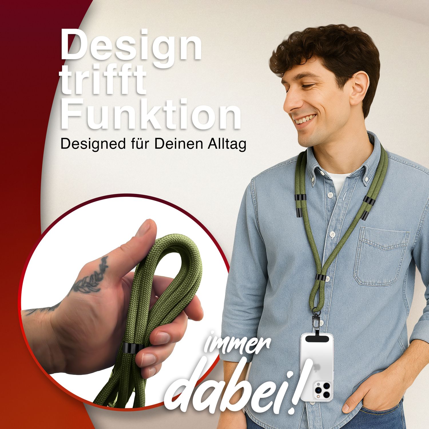 NALIA HoldMe Universal Handykette für Smartphone & Handyhüllen, Nylon-Seil Verstellbar & Abnehmbar, Umhänge-Band, Handyband, Lanyard mit Karabiner & 2 Patches Oliv Grün NALIA Universal Handykette