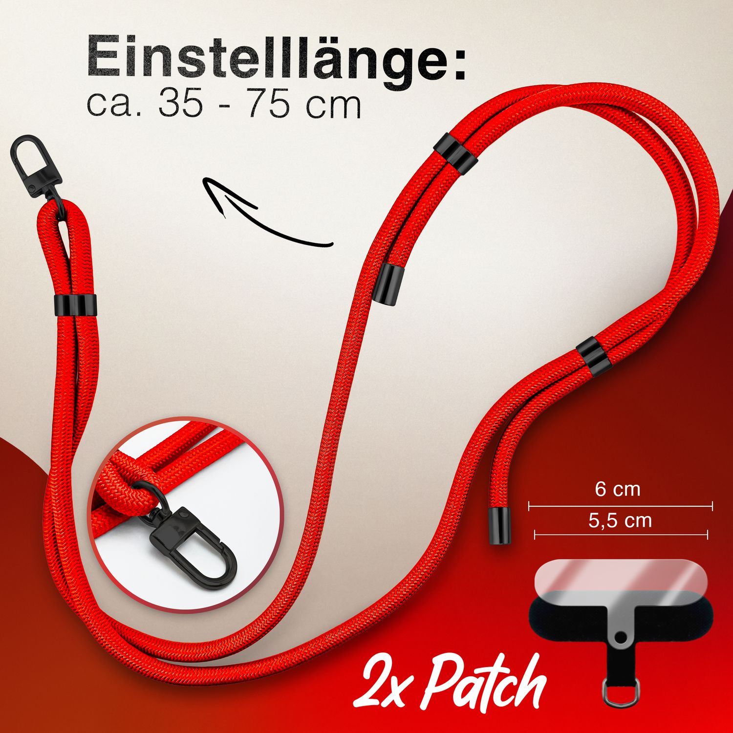 NALIA HoldMe Universal Handykette für Smartphone & Handyhüllen, Nylon-Seil Verstellbar & Abnehmbar, Umhänge-Band, Handyband, Lanyard mit Karabiner & 2 Patches Neon Orange NALIA Universal Handykette