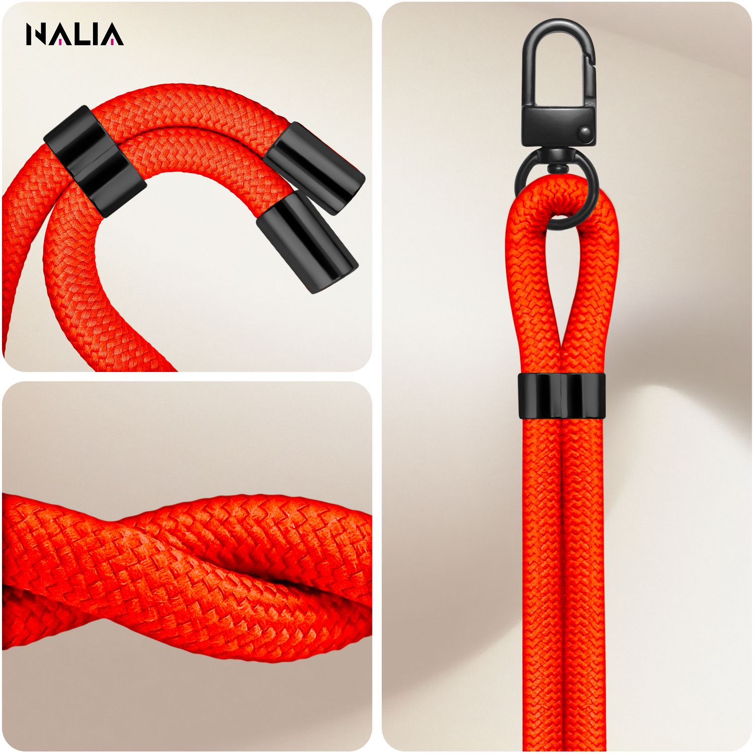 NALIA HoldMe Universal Handykette für Smartphone & Handyhüllen, Nylon-Seil Verstellbar & Abnehmbar, Umhänge-Band, Handyband, Lanyard mit Karabiner & 2 Patches Neon Orange NALIA Universal Handykette