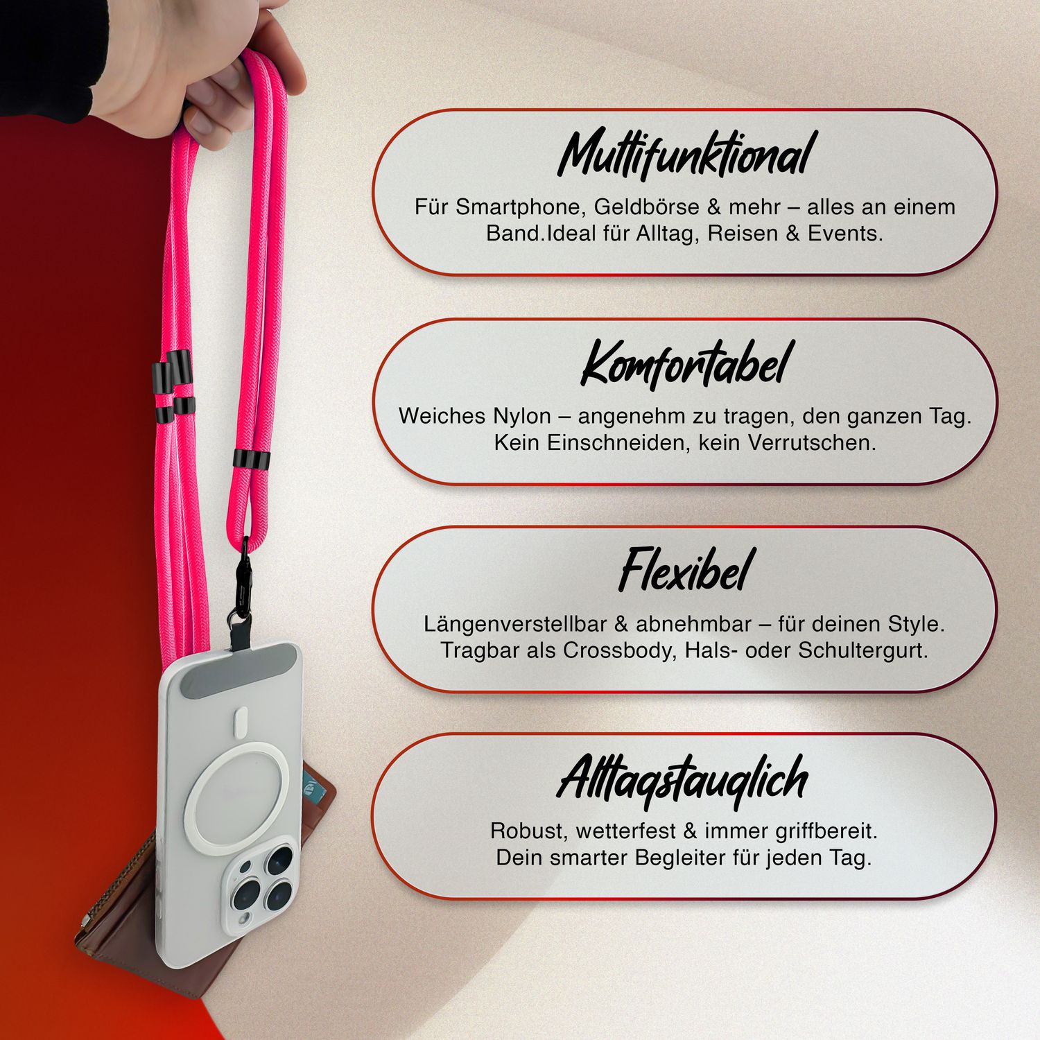 NALIA HoldMe Universal Handykette für Smartphone & Handyhüllen, Nylon-Seil Verstellbar & Abnehmbar, Umhänge-Band, Handyband, Lanyard mit Karabiner & 2 Patches Neon Pink NALIA Universal Handykette