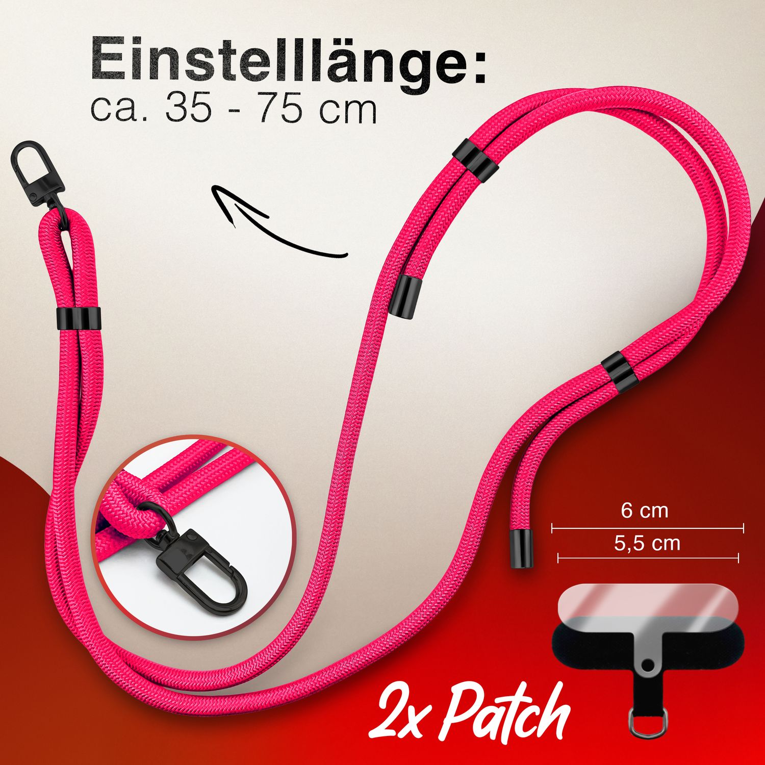 NALIA HoldMe Universal Handykette für Smartphone & Handyhüllen, Nylon-Seil Verstellbar & Abnehmbar, Umhänge-Band, Handyband, Lanyard mit Karabiner & 2 Patches Neon Pink NALIA Universal Handykette
