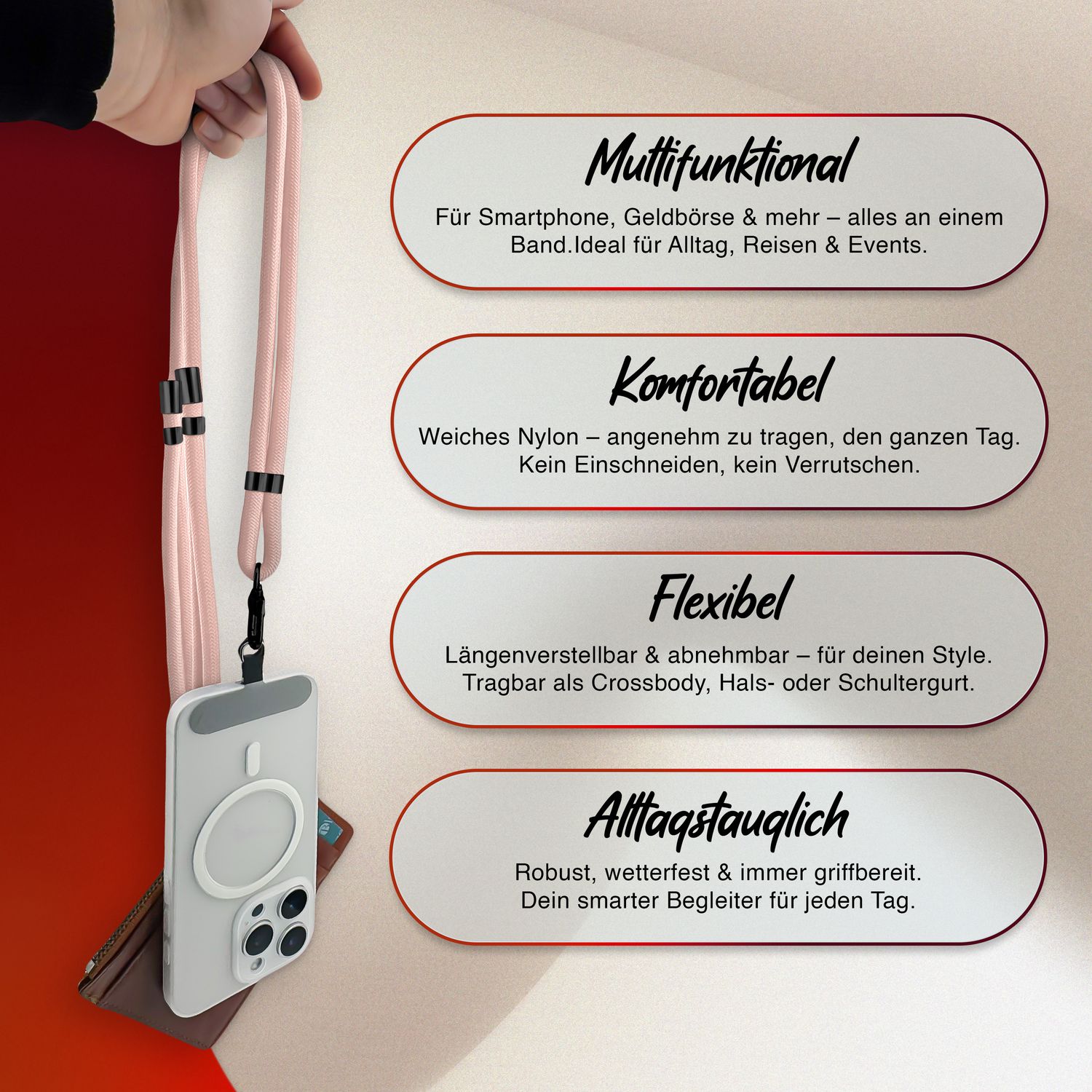 NALIA HoldMe Universal Handykette für Smartphone & Handyhüllen, Nylon-Seil Verstellbar & Abnehmbar, Umhänge-Band, Handyband, Lanyard mit Karabiner & 2 Patches Rosa NALIA Universal Handykette