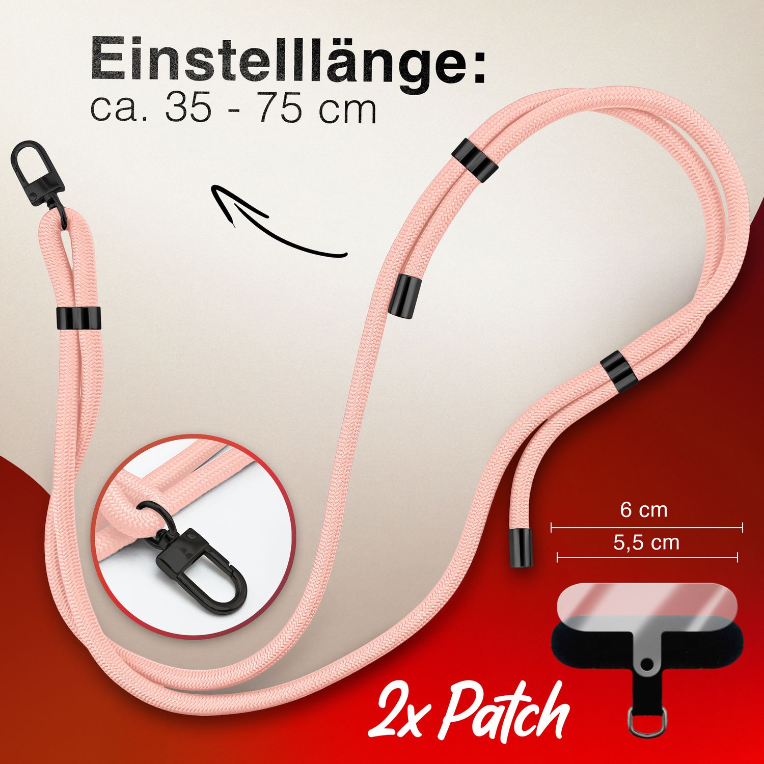 NALIA HoldMe Universal Handykette für Smartphone & Handyhüllen, Nylon-Seil Verstellbar & Abnehmbar, Umhänge-Band, Handyband, Lanyard mit Karabiner & 2 Patches Rosa NALIA Universal Handykette