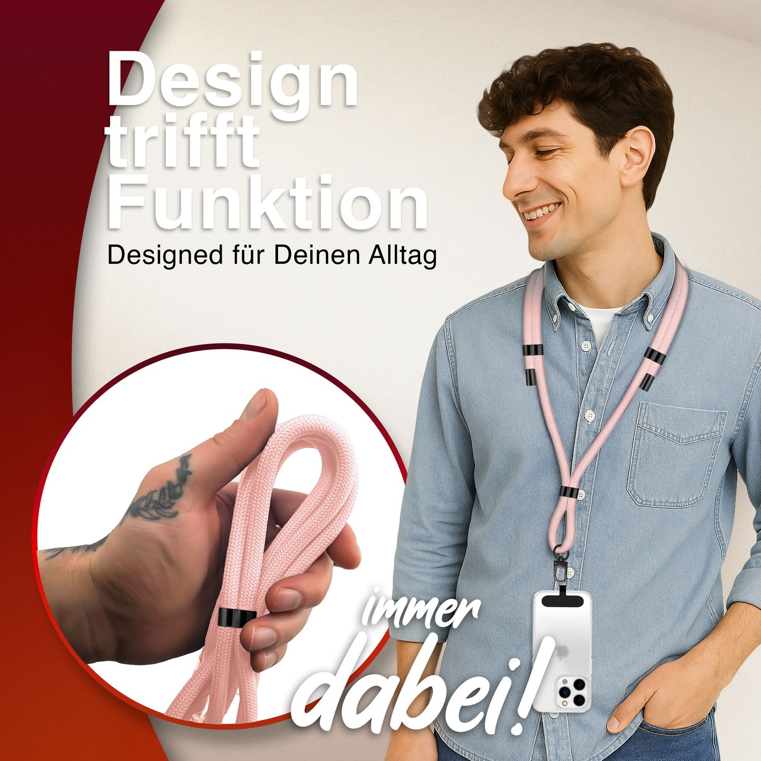 NALIA HoldMe Universal Handykette für Smartphone & Handyhüllen, Nylon-Seil Verstellbar & Abnehmbar, Umhänge-Band, Handyband, Lanyard mit Karabiner & 2 Patches Rosa NALIA Universal Handykette