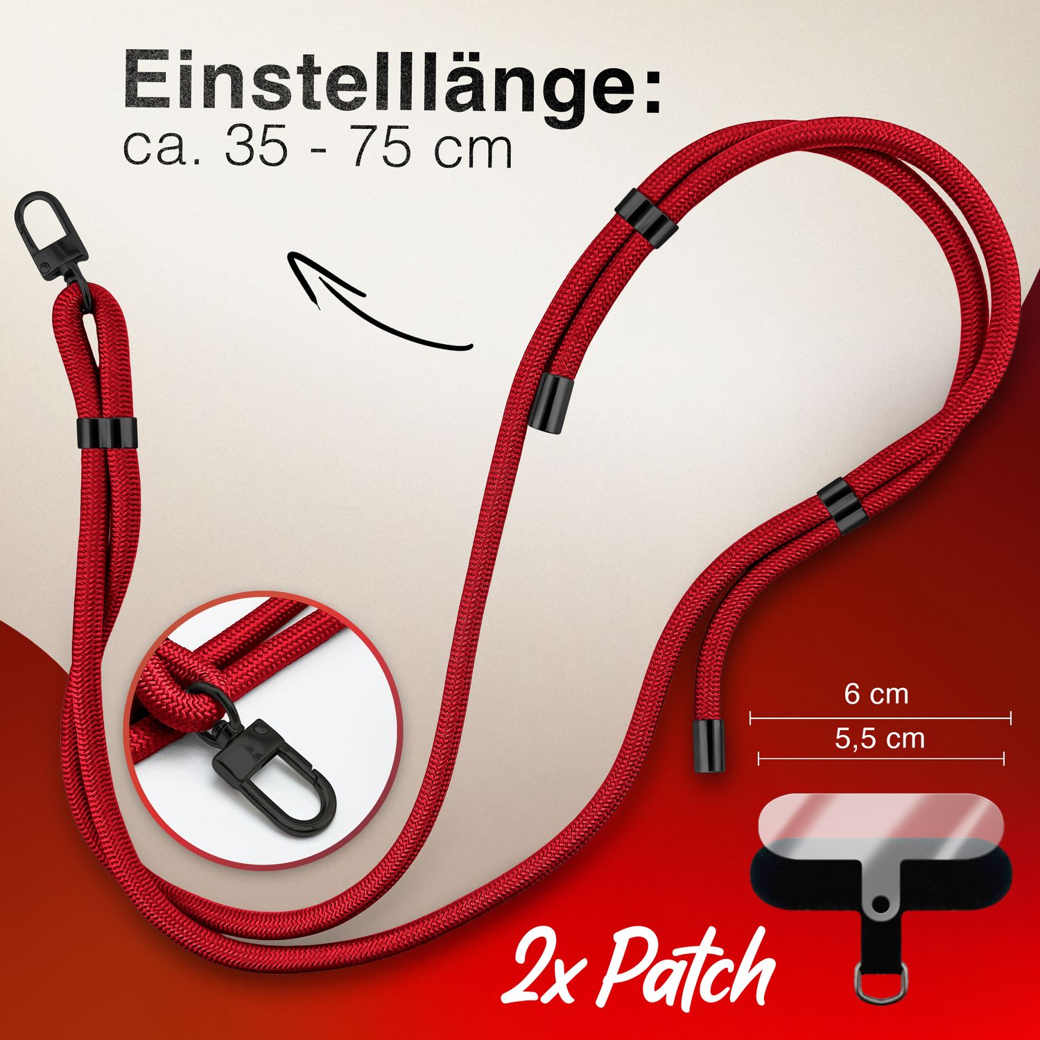 NALIA HoldMe Universal Handykette für Smartphone & Handyhüllen, Nylon-Seil Verstellbar & Abnehmbar, Umhänge-Band, Handyband, Lanyard mit Karabiner & 2 Patches Rot NALIA Universal Handykette