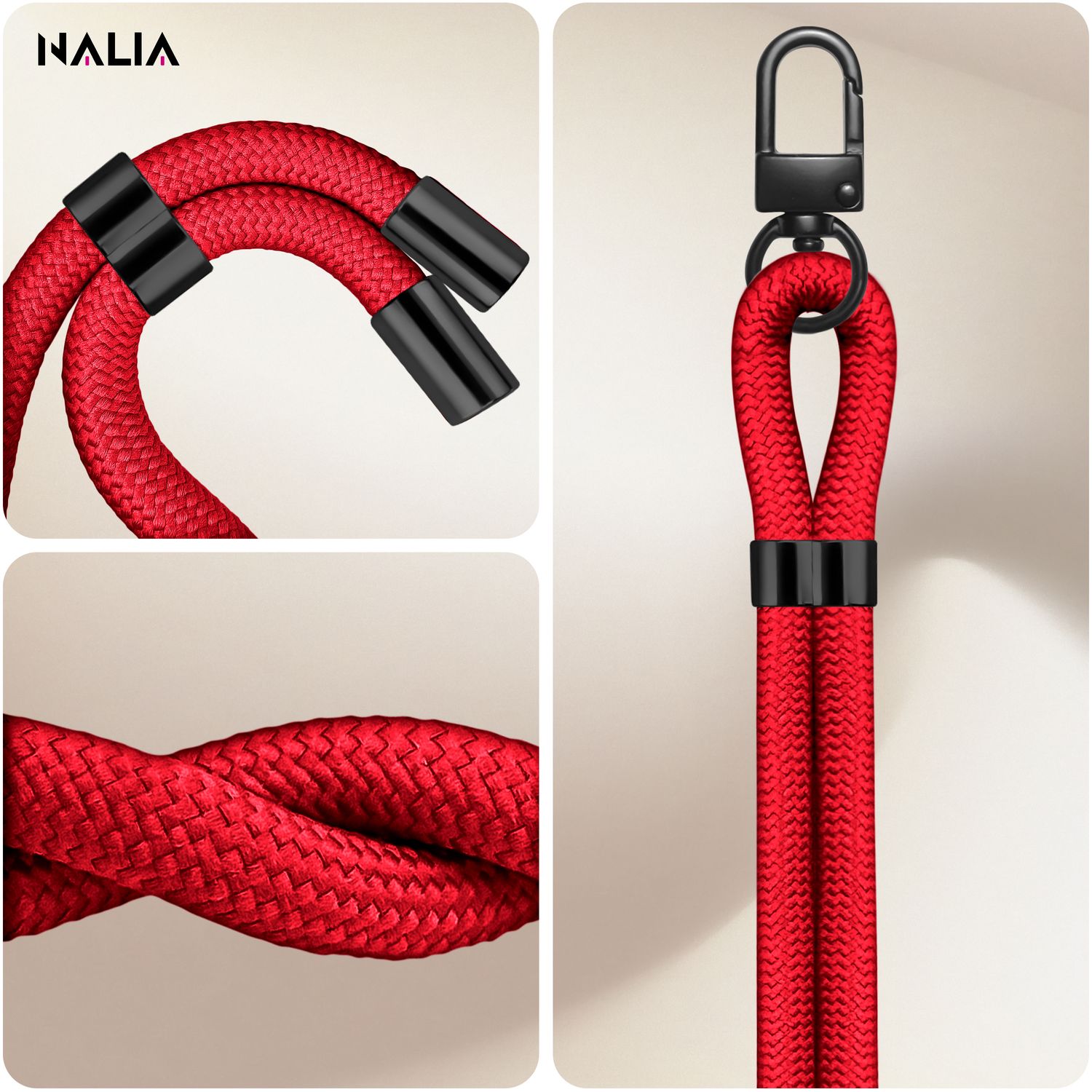 NALIA HoldMe Universal Handykette für Smartphone & Handyhüllen, Nylon-Seil Verstellbar & Abnehmbar, Umhänge-Band, Handyband, Lanyard mit Karabiner & 2 Patches Rot NALIA Universal Handykette