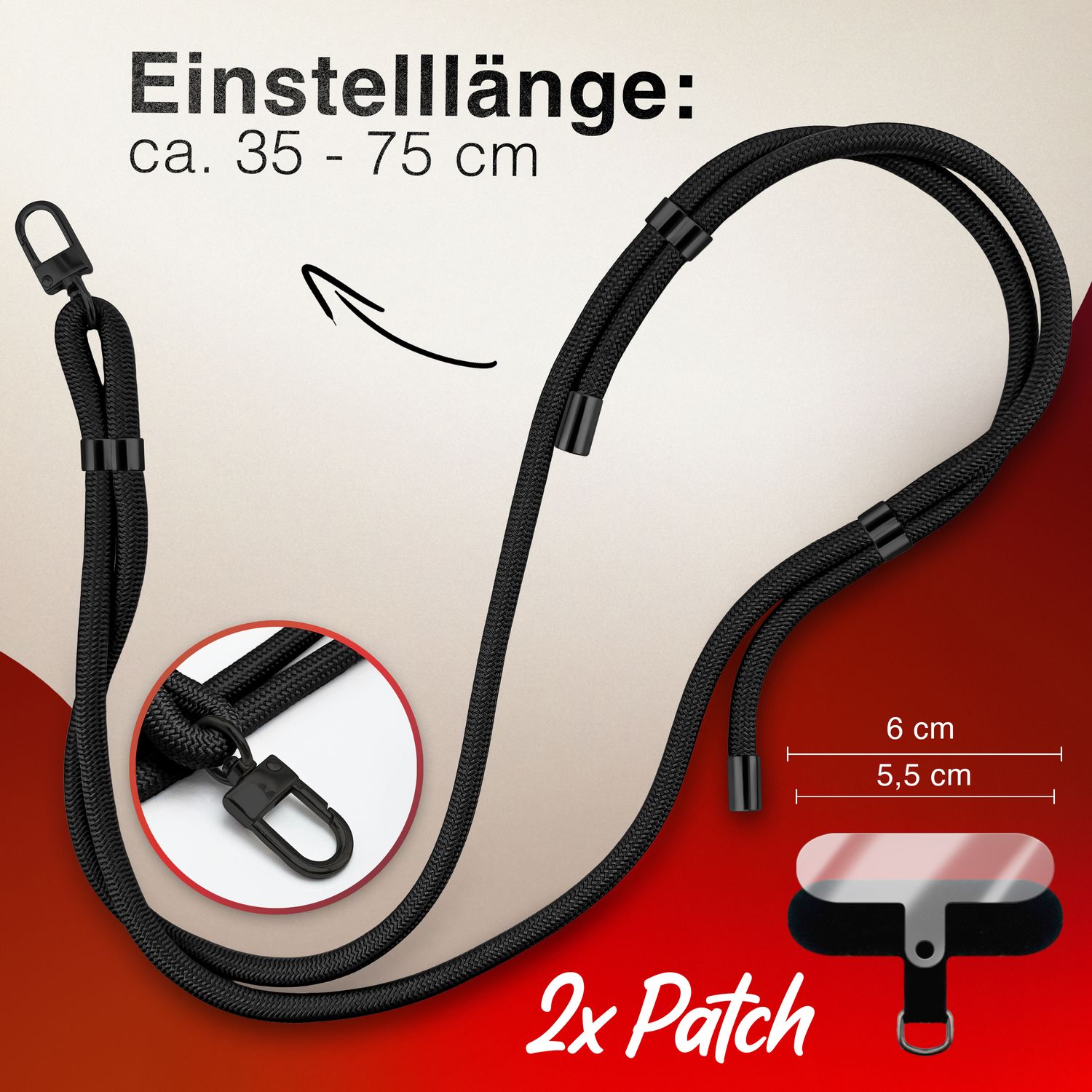 NALIA HoldMe Universal Handykette für Smartphone & Handyhüllen, Nylon-Seil Verstellbar & Abnehmbar, Umhänge-Band, Handyband, Lanyard mit Karabiner & 2 Patches Schwarz NALIA Universal Handykette