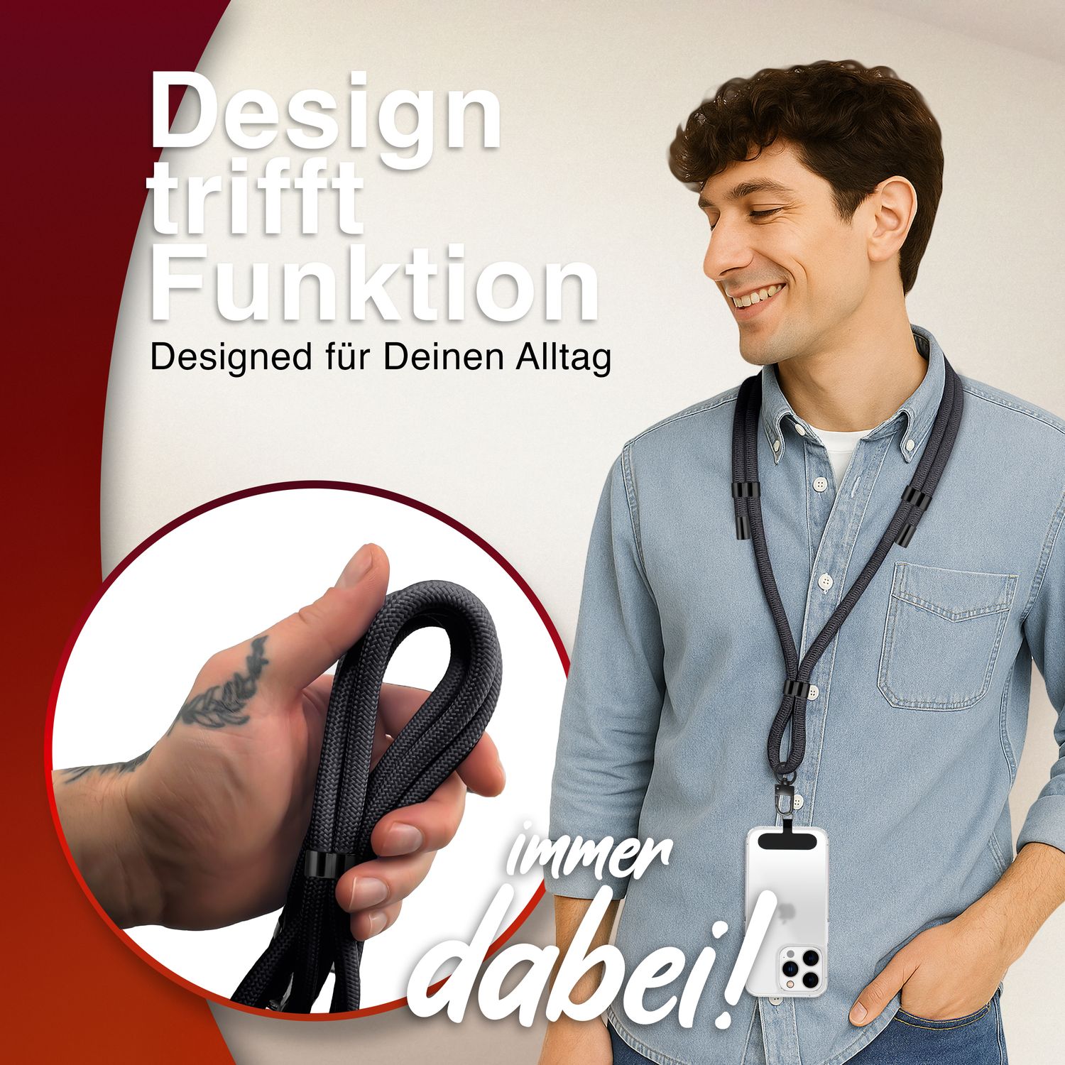 NALIA HoldMe Universal Handykette für Smartphone & Handyhüllen, Nylon-Seil Verstellbar & Abnehmbar, Umhänge-Band, Handyband, Lanyard mit Karabiner & 2 Patches Schwarz NALIA Universal Handykette