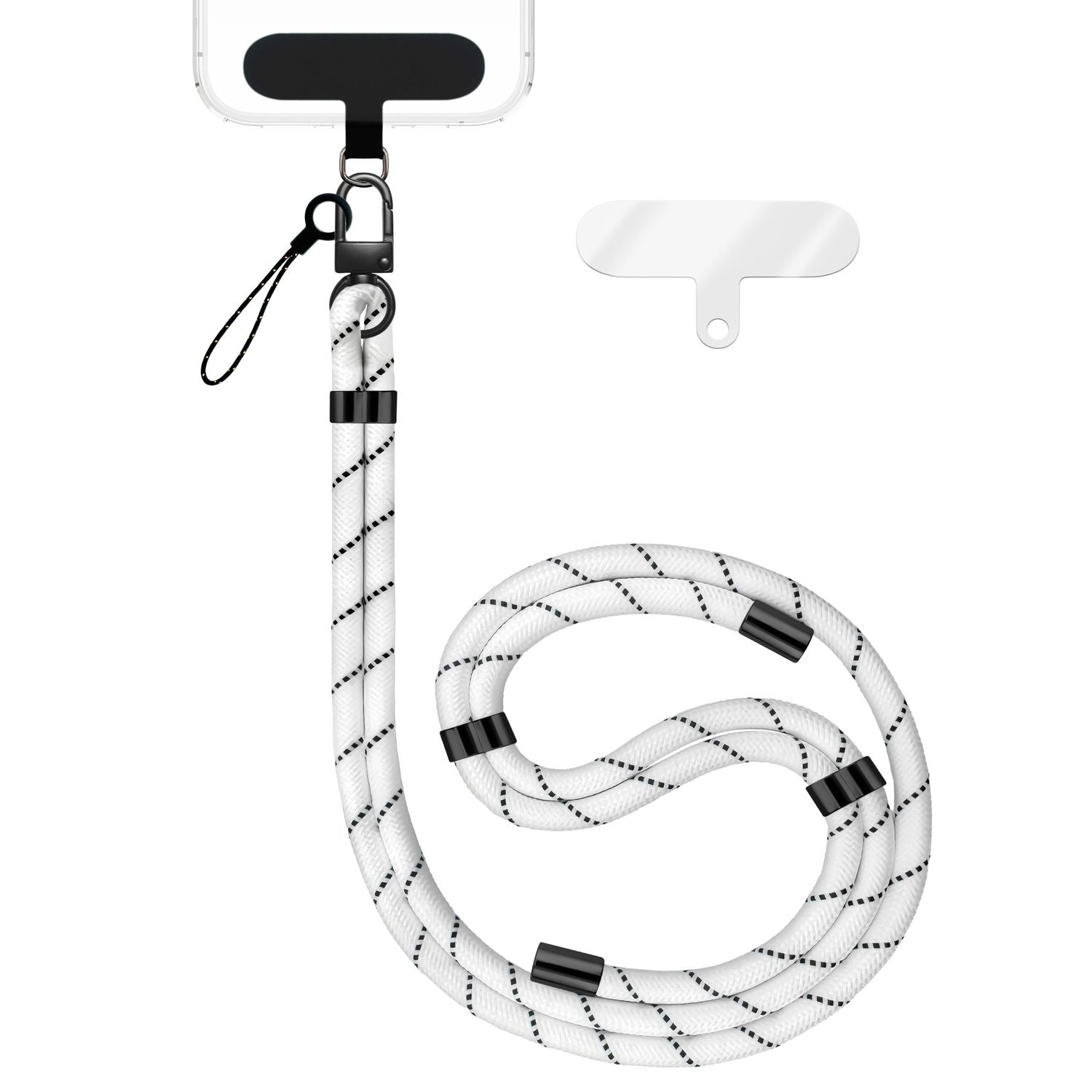 NALIA HoldMe Universal Handykette für Smartphone & Handyhüllen, Nylon-Seil Verstellbar & Abnehmbar, Umhänge-Band, Handyband, Lanyard mit Karabiner & 2 Patches Weiß NALIA Universal Handykette