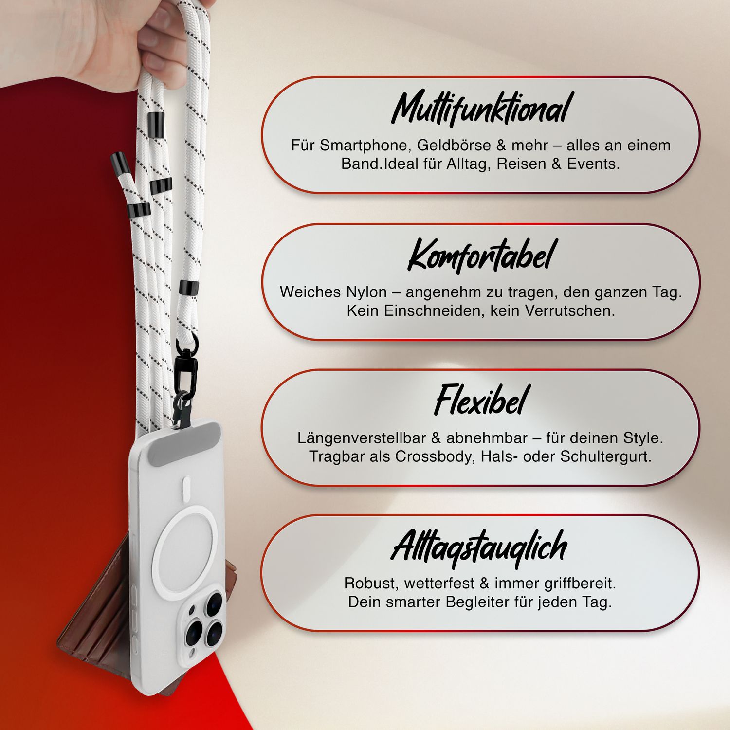 NALIA HoldMe Universal Handykette für Smartphone & Handyhüllen, Nylon-Seil Verstellbar & Abnehmbar, Umhänge-Band, Handyband, Lanyard mit Karabiner & 2 Patches Weiß NALIA Universal Handykette