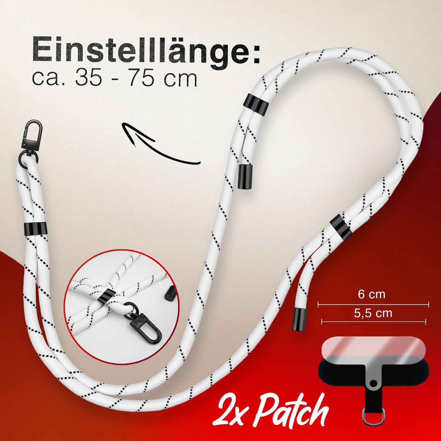 NALIA HoldMe Universal Handykette für Smartphone & Handyhüllen, Nylon-Seil Verstellbar & Abnehmbar, Umhänge-Band, Handyband, Lanyard mit Karabiner & 2 Patches Weiß NALIA Universal Handykette