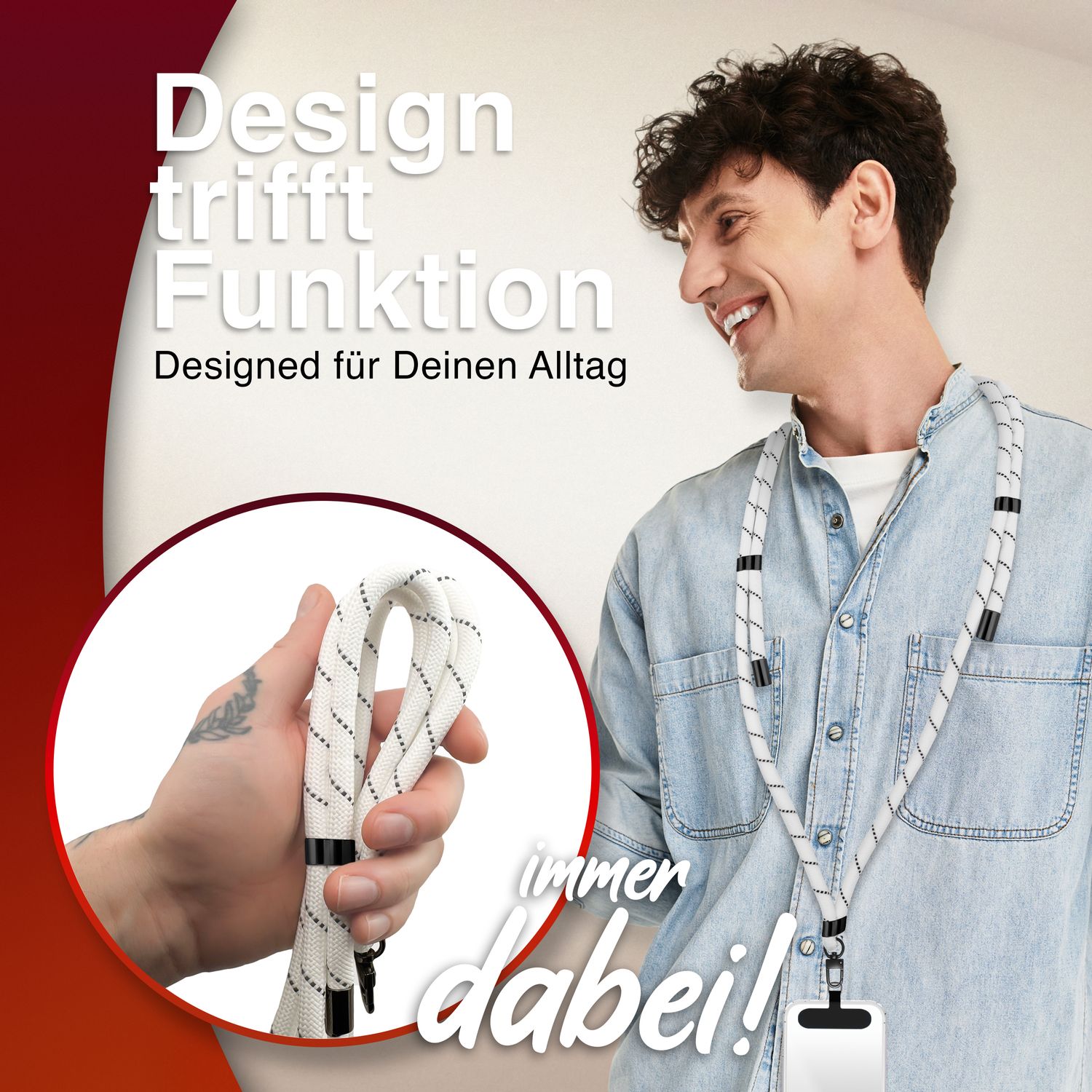 NALIA HoldMe Universal Handykette für Smartphone & Handyhüllen, Nylon-Seil Verstellbar & Abnehmbar, Umhänge-Band, Handyband, Lanyard mit Karabiner & 2 Patches Weiß NALIA Universal Handykette