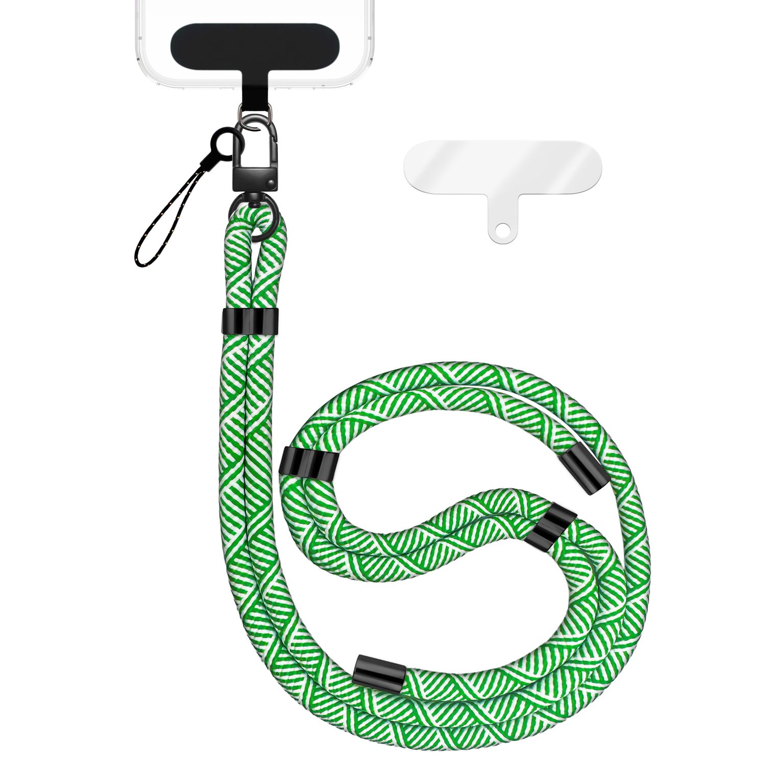 NALIA HoldMe Universal Handykette für Smartphone & Handyhüllen, Nylon-Seil Verstellbar & Abnehmbar, Umhänge-Band, Handyband, Lanyard mit Karabiner & 2 Patches Grün Weiß NALIA Universal Handykette