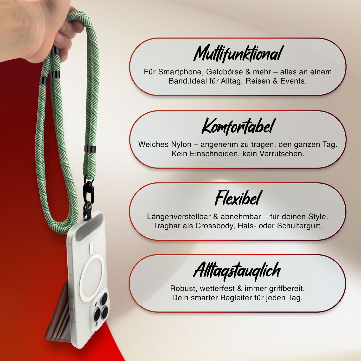 NALIA HoldMe Universal Handykette für Smartphone & Handyhüllen, Nylon-Seil Verstellbar & Abnehmbar, Umhänge-Band, Handyband, Lanyard mit Karabiner & 2 Patches Grün Weiß NALIA Universal Handykette