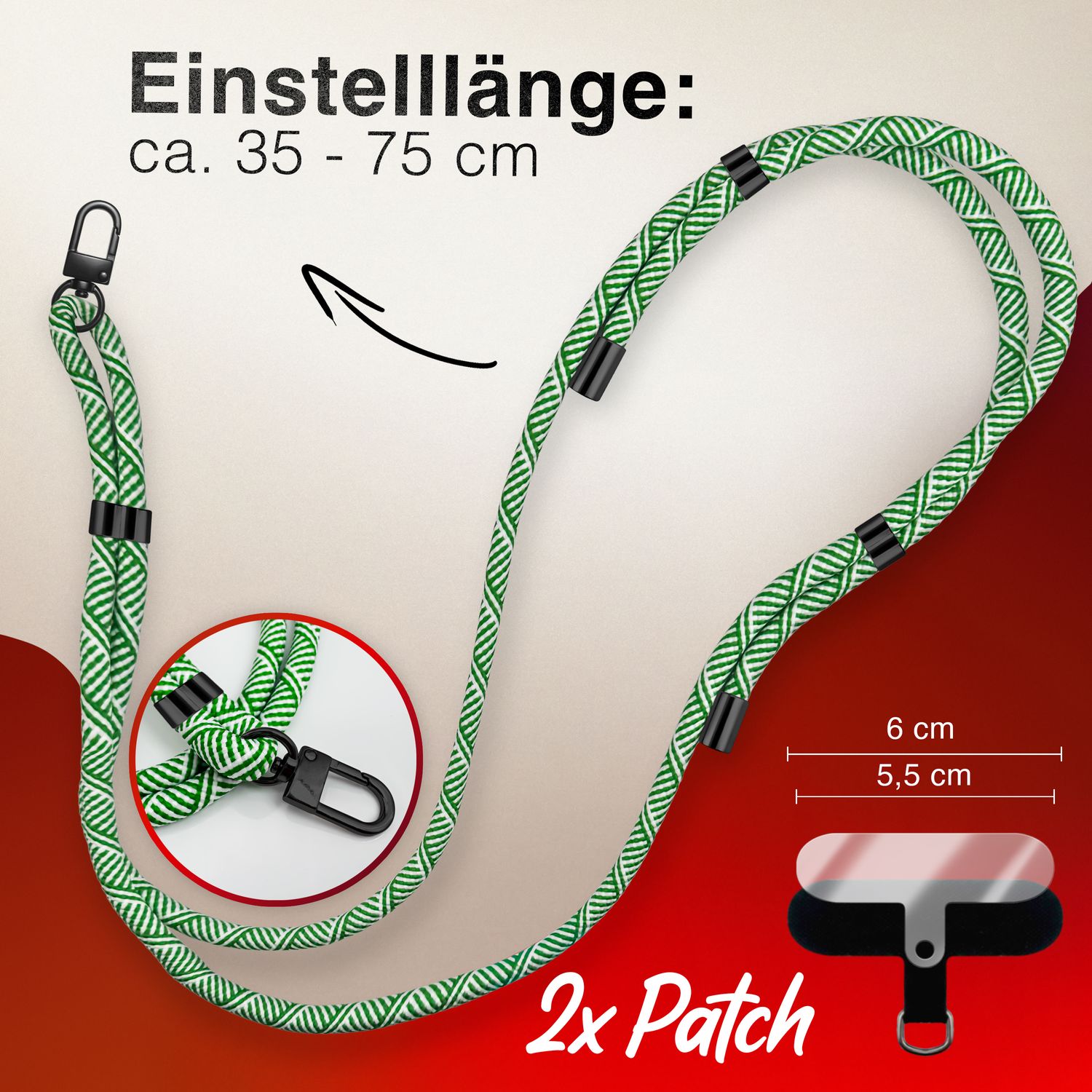 NALIA HoldMe Universal Handykette für Smartphone & Handyhüllen, Nylon-Seil Verstellbar & Abnehmbar, Umhänge-Band, Handyband, Lanyard mit Karabiner & 2 Patches Grün Weiß NALIA Universal Handykette