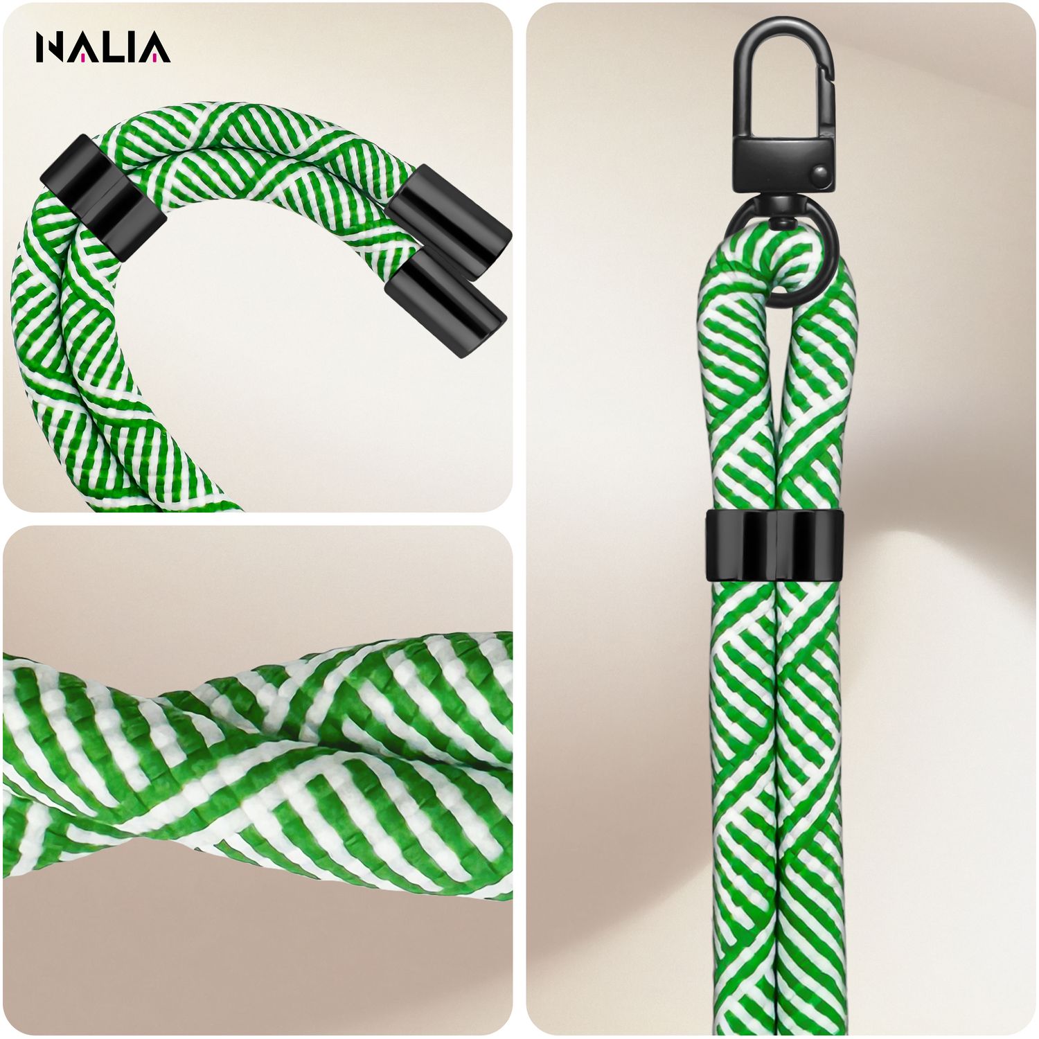 NALIA HoldMe Universal Handykette für Smartphone & Handyhüllen, Nylon-Seil Verstellbar & Abnehmbar, Umhänge-Band, Handyband, Lanyard mit Karabiner & 2 Patches Grün Weiß NALIA Universal Handykette
