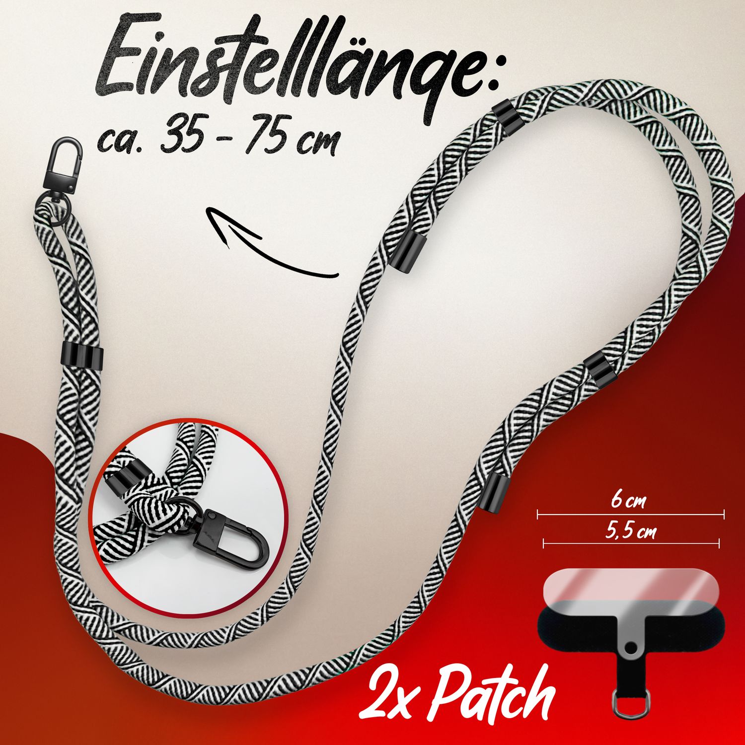 NALIA HoldMe Universal Handykette für Smartphone & Handyhüllen, Nylon-Seil Verstellbar & Abnehmbar, Umhänge-Band, Handyband, Lanyard mit Karabiner & 2 Patches Schwarz Weiß NALIA Universal Handykette