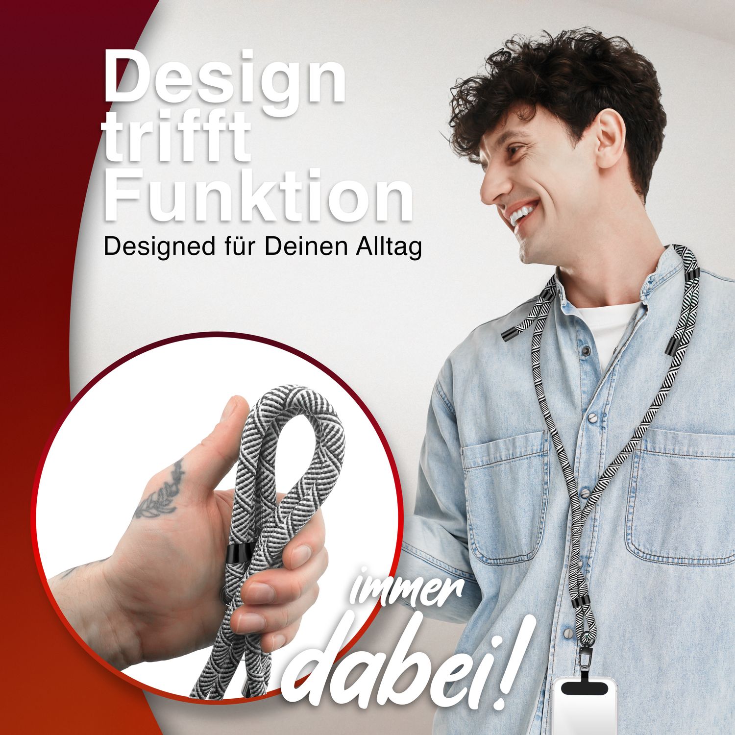 NALIA HoldMe Universal Handykette für Smartphone & Handyhüllen, Nylon-Seil Verstellbar & Abnehmbar, Umhänge-Band, Handyband, Lanyard mit Karabiner & 2 Patches Schwarz Weiß NALIA Universal Handykette