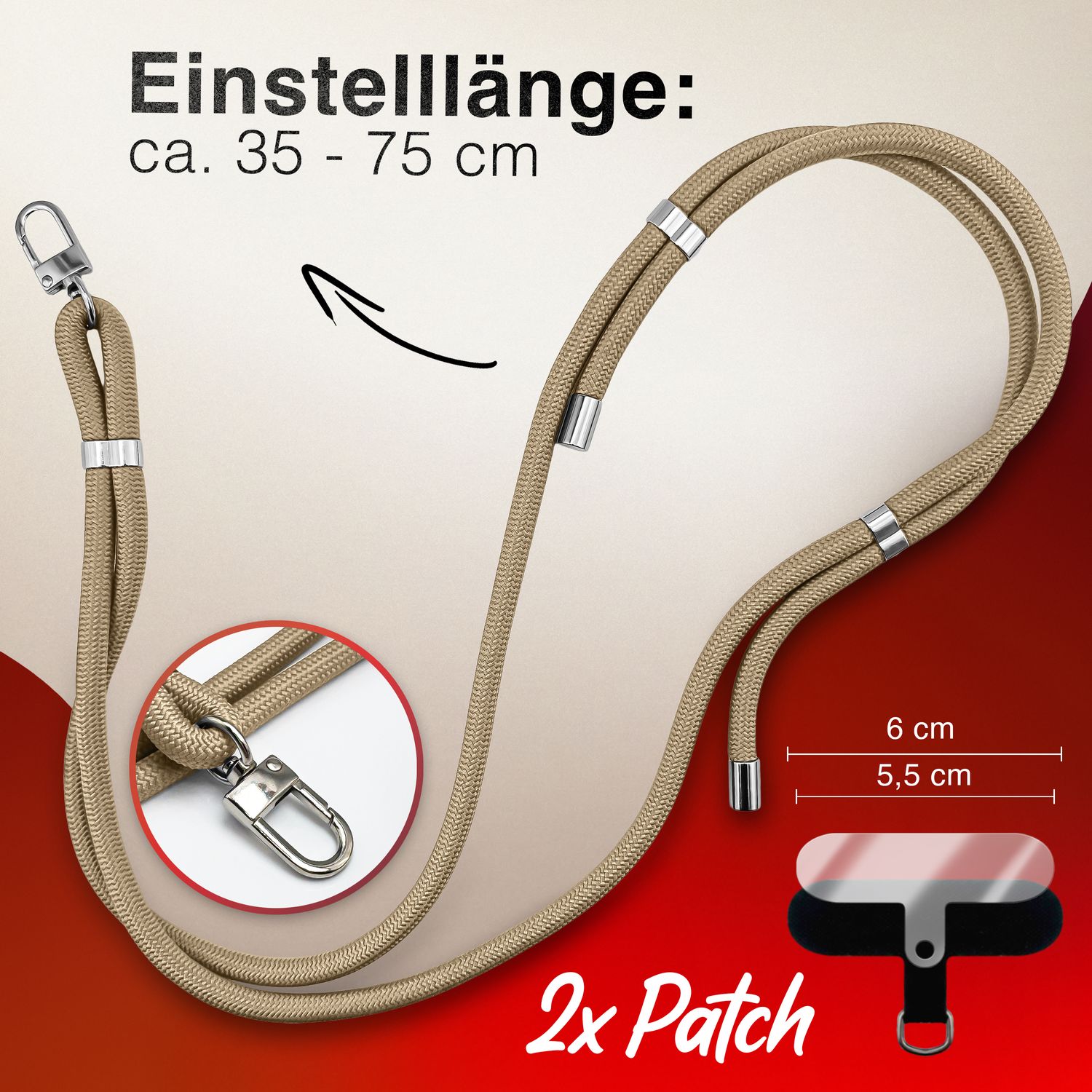 NALIA HoldMe Universal Handykette für Smartphone & Handyhüllen, Nylon-Seil Verstellbar & Abnehmbar, Umhänge-Band, Handyband, Lanyard mit Karabiner & 2 Patches Beige NALIA Universal Handykette