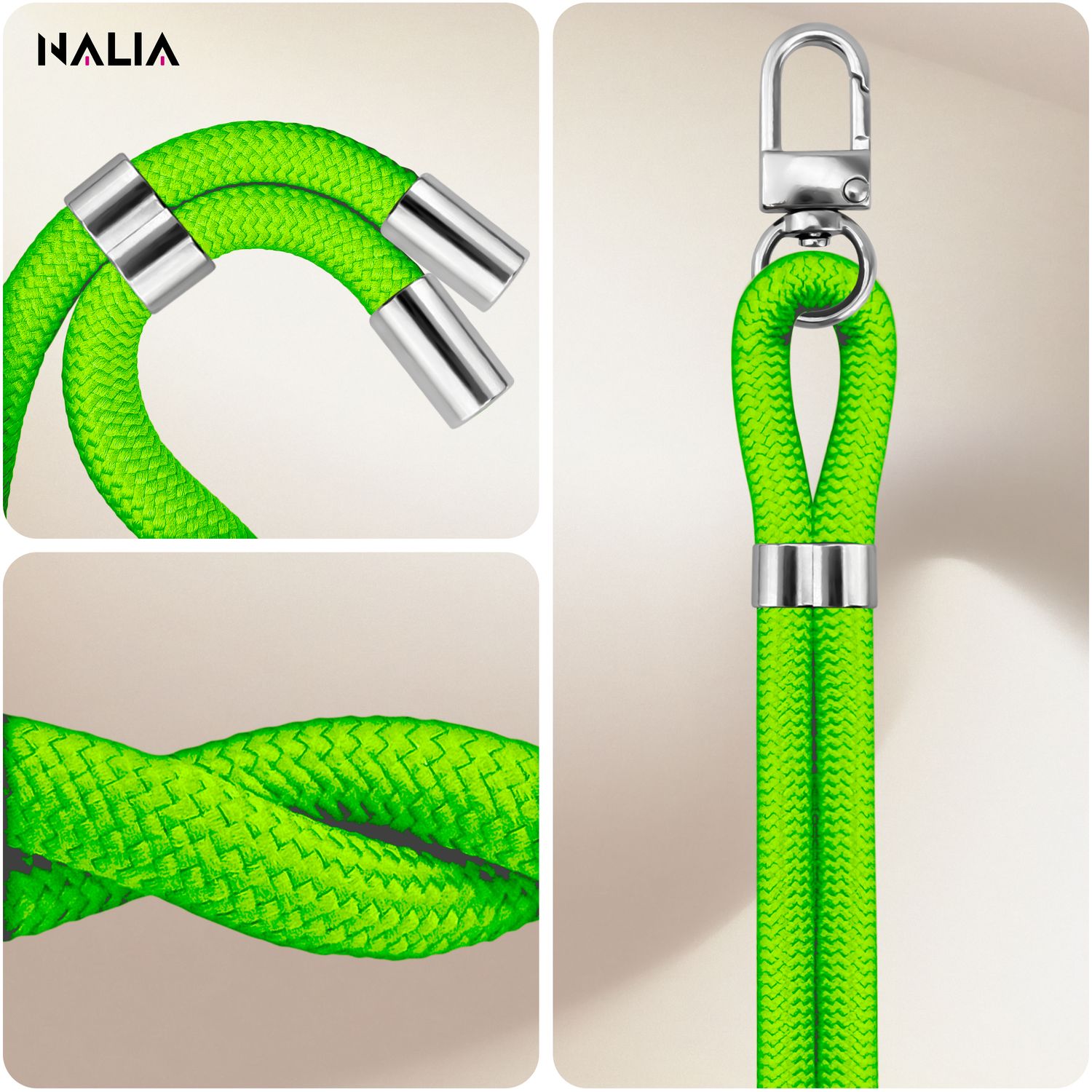 NALIA HoldMe Universal Handykette für Smartphone & Handyhüllen, Nylon-Seil Verstellbar & Abnehmbar, Umhänge-Band, Handyband, Lanyard mit Karabiner & 2 Patches Neon Grün NALIA Universal Handykette