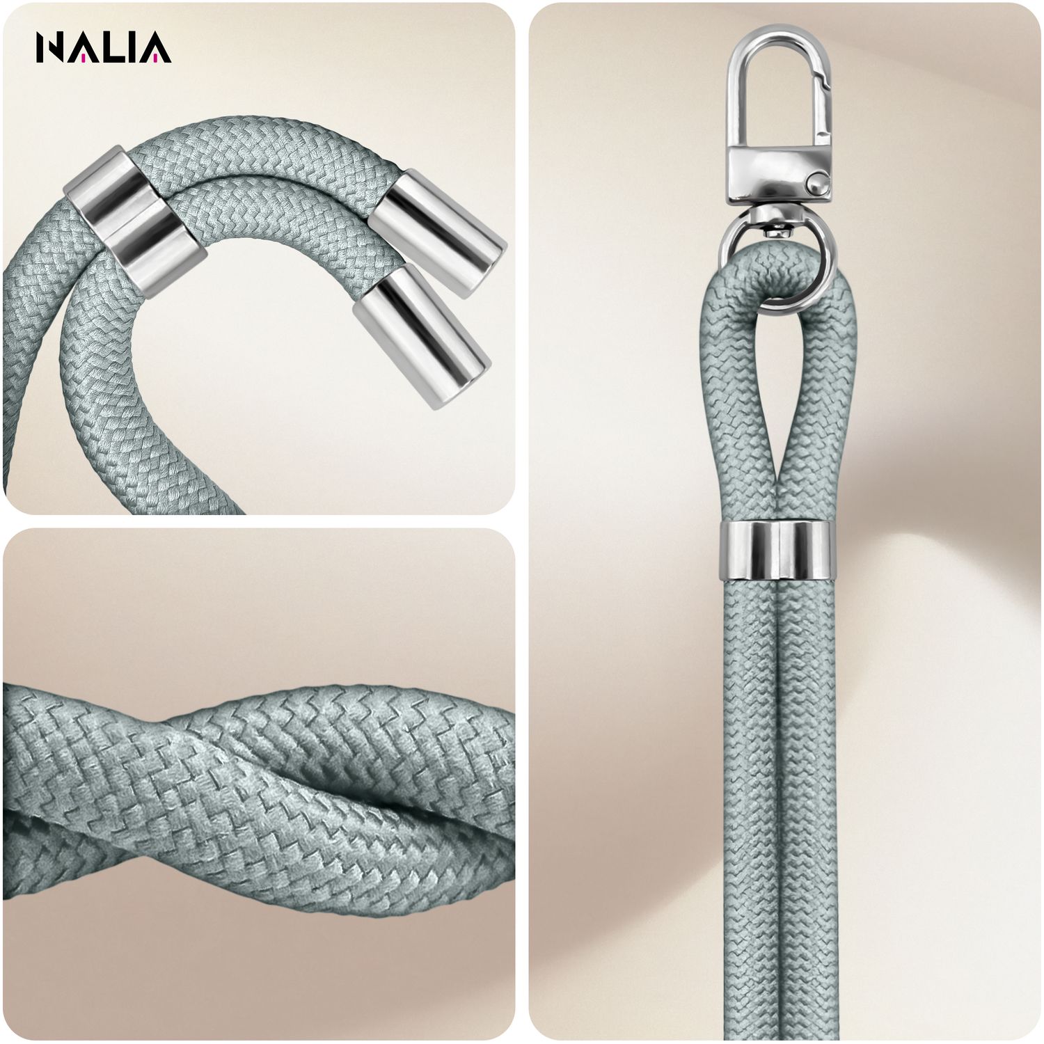 NALIA HoldMe Universal Handykette für Smartphone & Handyhüllen, Nylon-Seil Verstellbar & Abnehmbar, Umhänge-Band, Handyband, Lanyard mit Karabiner & 2 Patches Hellgrau NALIA Universal Handykette