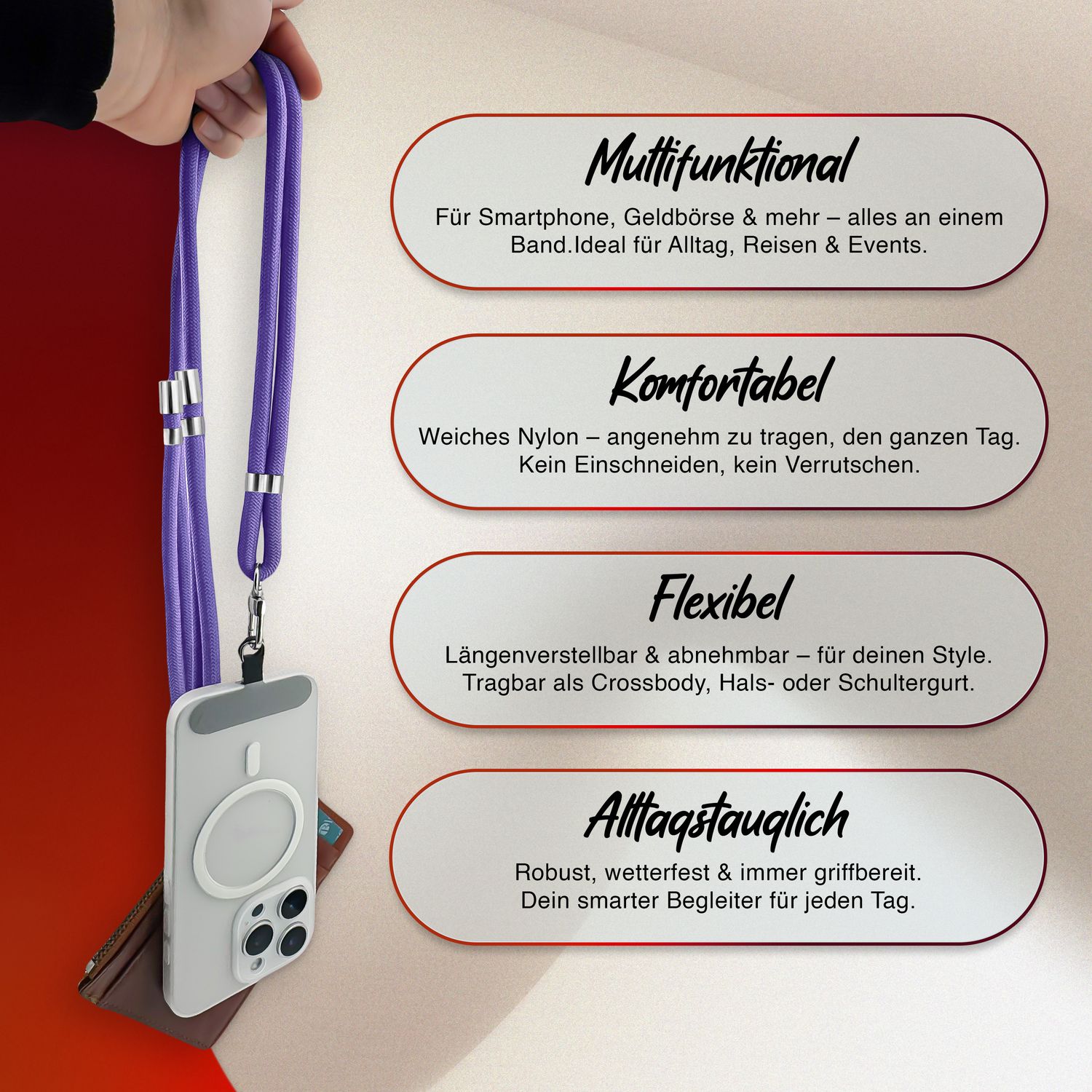 NALIA HoldMe Universal Handykette für Smartphone & Handyhüllen, Nylon-Seil Verstellbar & Abnehmbar, Umhänge-Band, Handyband, Lanyard mit Karabiner & 2 Patches Blau Lila NALIA Universal Handykette