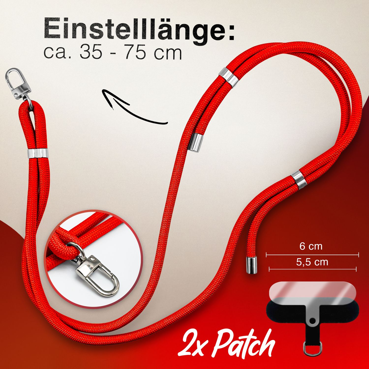 NALIA HoldMe Universal Handykette für Smartphone & Handyhüllen, Nylon-Seil Verstellbar & Abnehmbar, Umhänge-Band, Handyband, Lanyard mit Karabiner & 2 Patches Neon Orange NALIA Universal Handykette