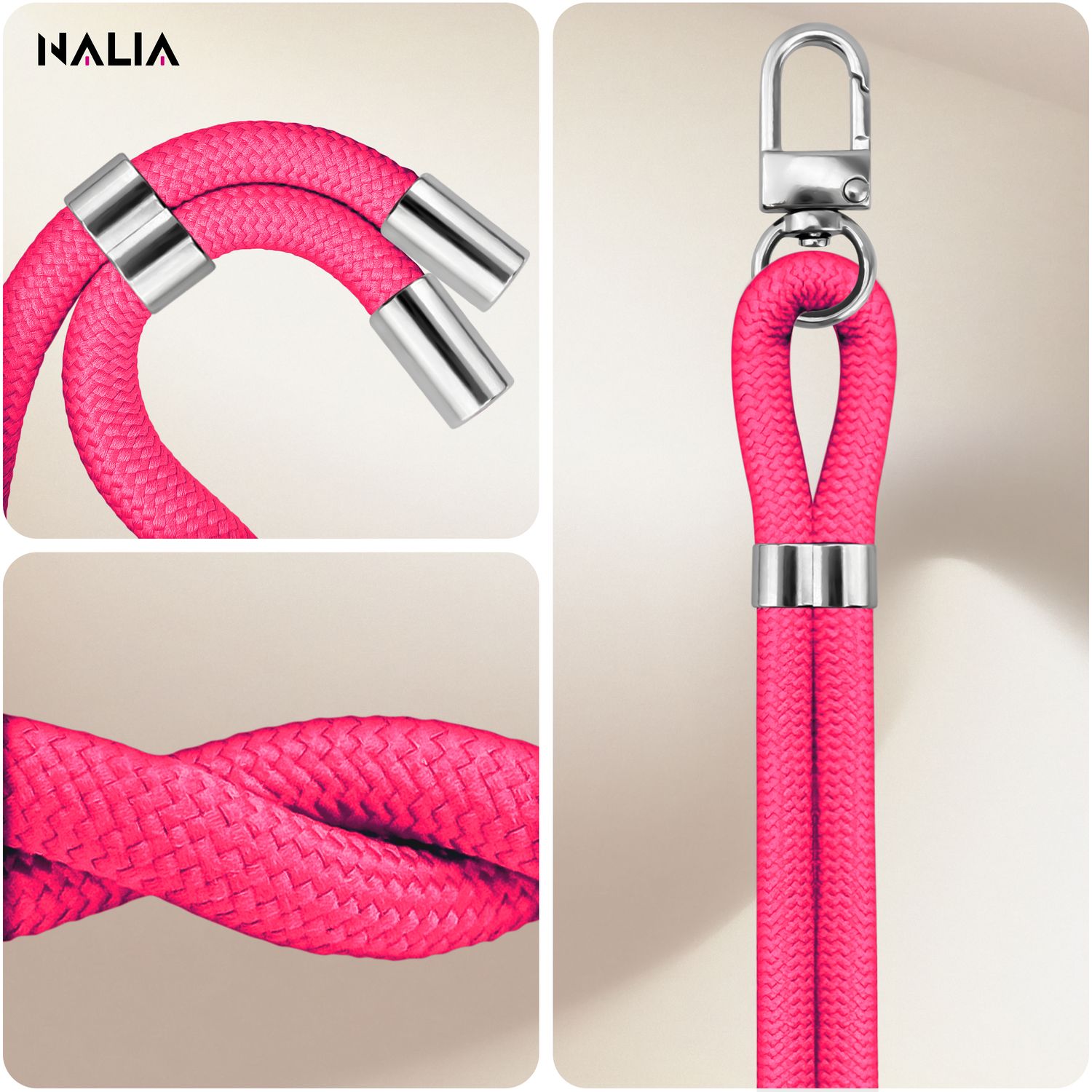 NALIA HoldMe Universal Handykette für Smartphone & Handyhüllen, Nylon-Seil Verstellbar & Abnehmbar, Umhänge-Band, Handyband, Lanyard mit Karabiner & 2 Patches Neon Pink NALIA Universal Handykette