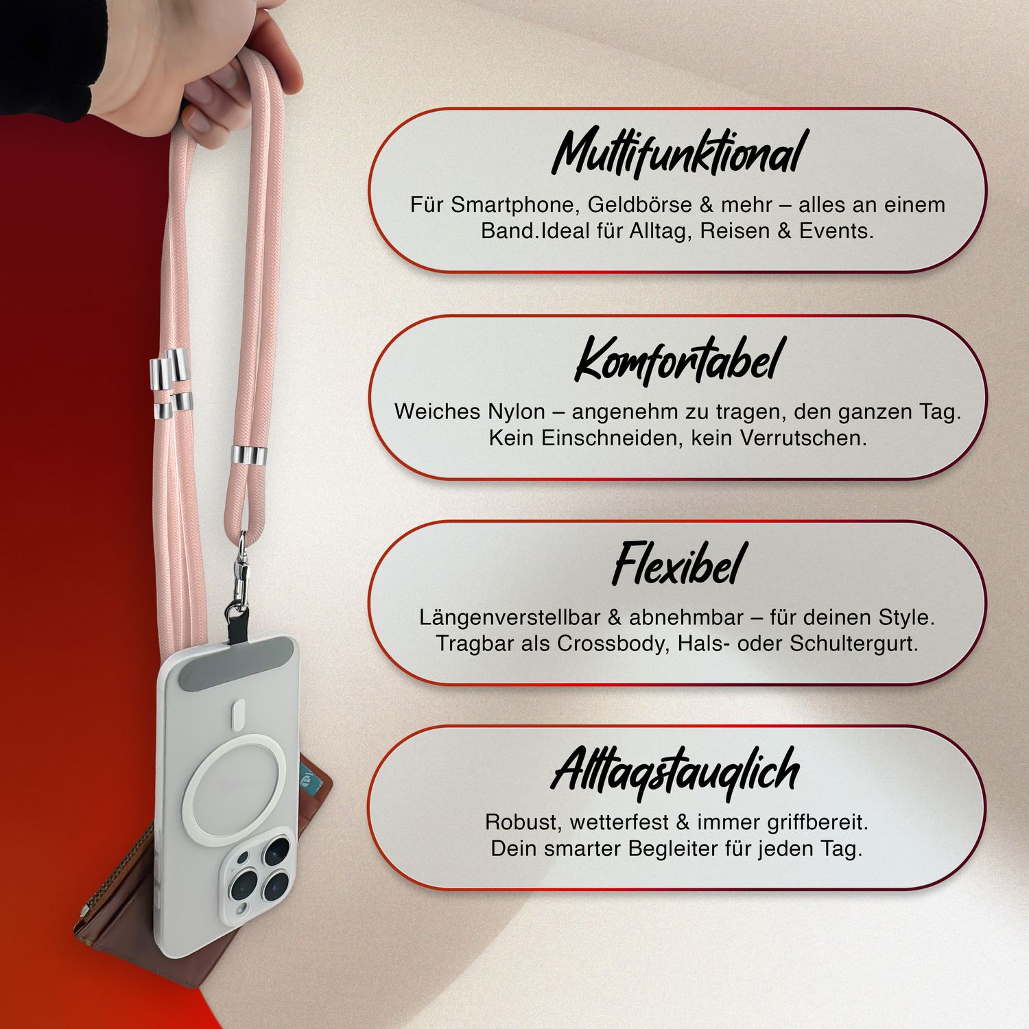 NALIA HoldMe Universal Handykette für Smartphone & Handyhüllen, Nylon-Seil Verstellbar & Abnehmbar, Umhänge-Band, Handyband, Lanyard mit Karabiner & 2 Patches Rosa NALIA Universal Handykette