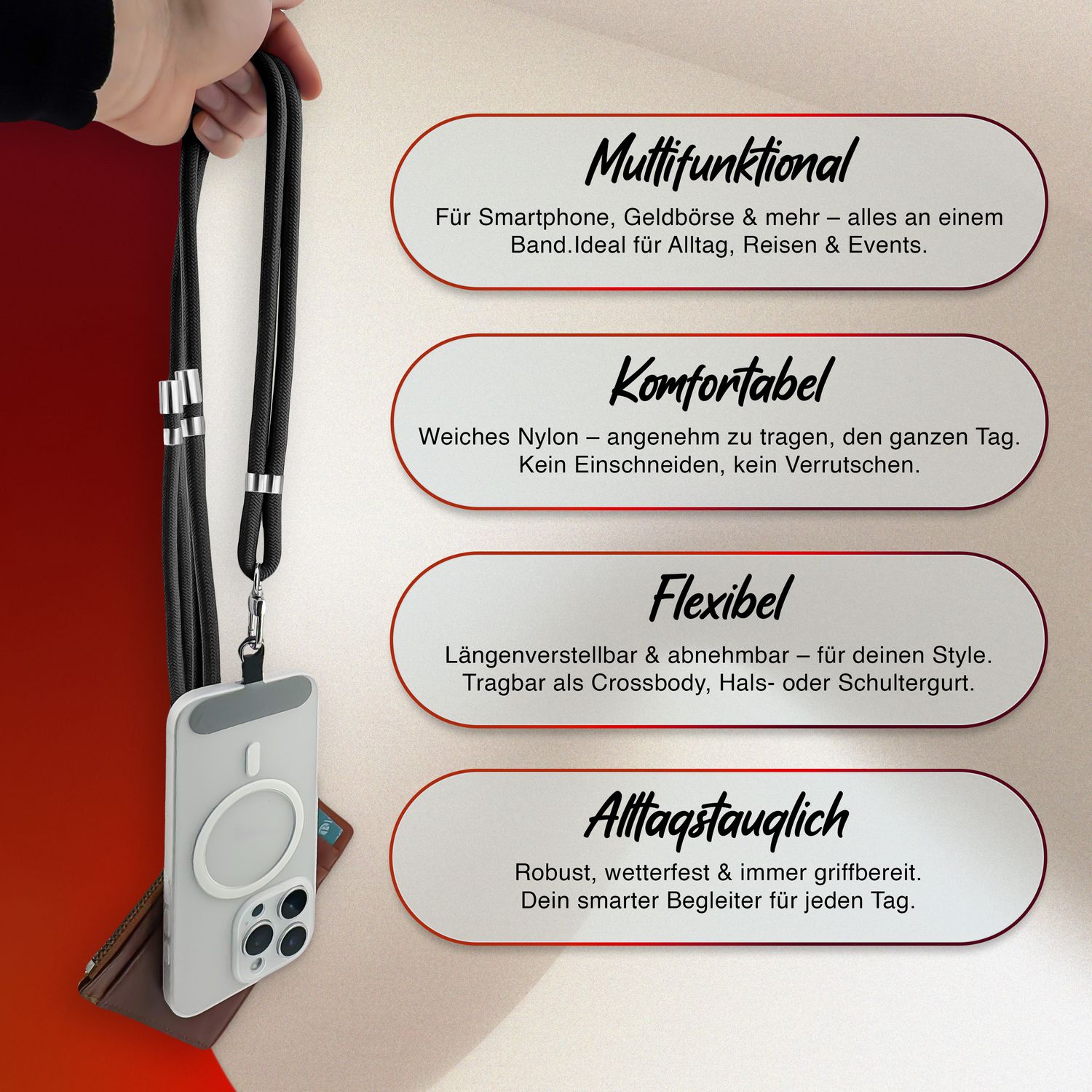 NALIA HoldMe Universal Handykette für Smartphone & Handyhüllen, Nylon-Seil Verstellbar & Abnehmbar, Umhänge-Band, Handyband, Lanyard mit Karabiner & 2 Patches Schwarz NALIA Universal Handykette