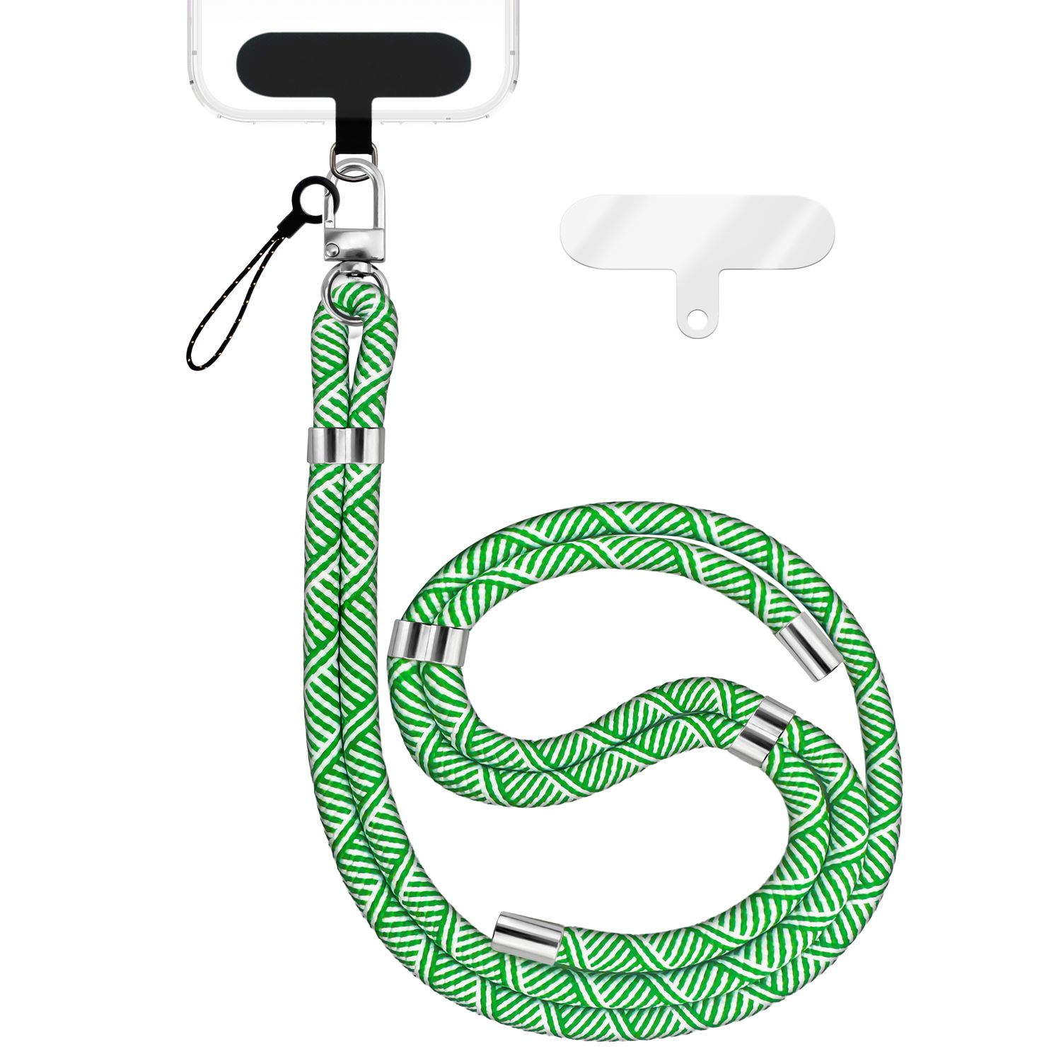 NALIA HoldMe Universal Handykette für Smartphone & Handyhüllen, Nylon-Seil Verstellbar & Abnehmbar, Umhänge-Band, Handyband, Lanyard mit Karabiner & 2 Patches Grün Weiß NALIA Universal Handykette