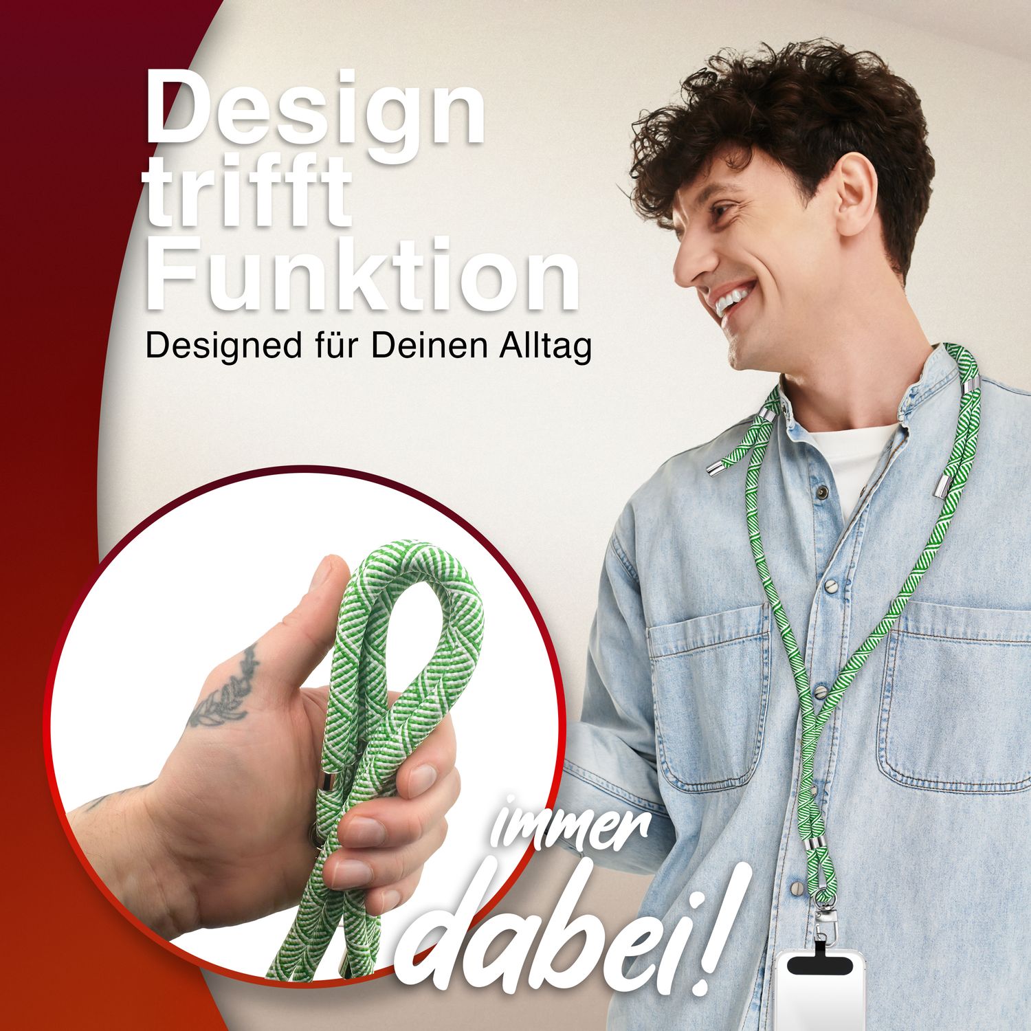 NALIA HoldMe Universal Handykette für Smartphone & Handyhüllen, Nylon-Seil Verstellbar & Abnehmbar, Umhänge-Band, Handyband, Lanyard mit Karabiner & 2 Patches Grün Weiß NALIA Universal Handykette