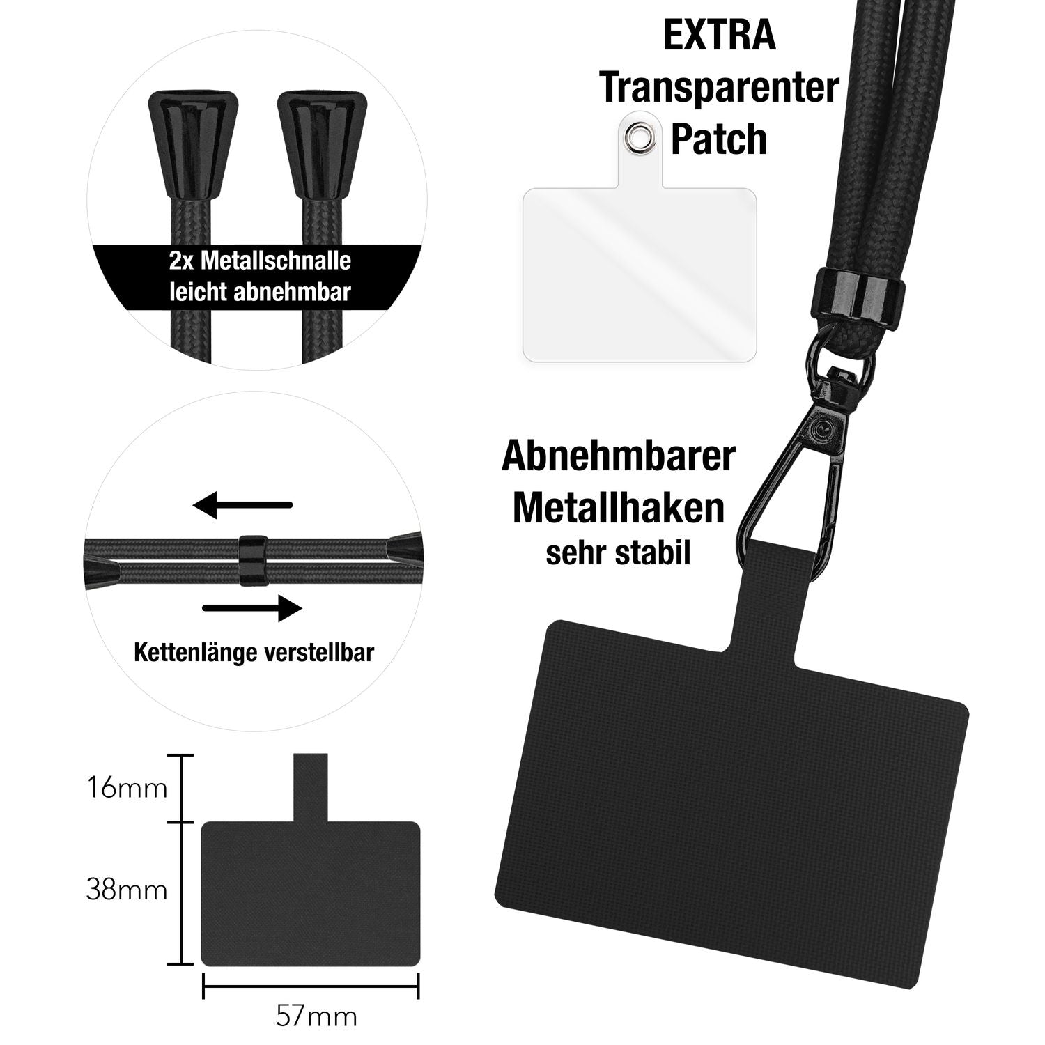 NALIA Universal-Kette mit Pad, Band für Handy-Hülle zum Umhängen, Karabinerhaken aus Metall (matt schwarz), Schlüsselband Umhängeband 160 CM, Crossbody Lanyard Schwarz NALIA Universal Handykette