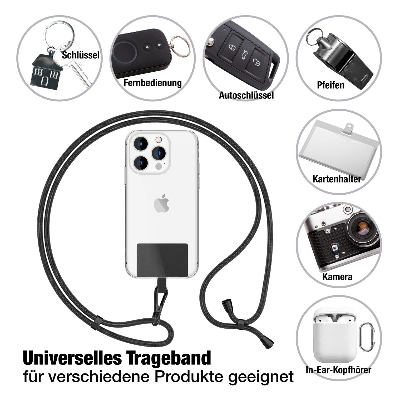 NALIA Universal-Kette mit Pad, Band für Handy-Hülle zum Umhängen, Karabinerhaken aus Metall (matt schwarz), Schlüsselband Umhängeband 160 CM, Crossbody Lanyard Schwarz NALIA Universal Handykette