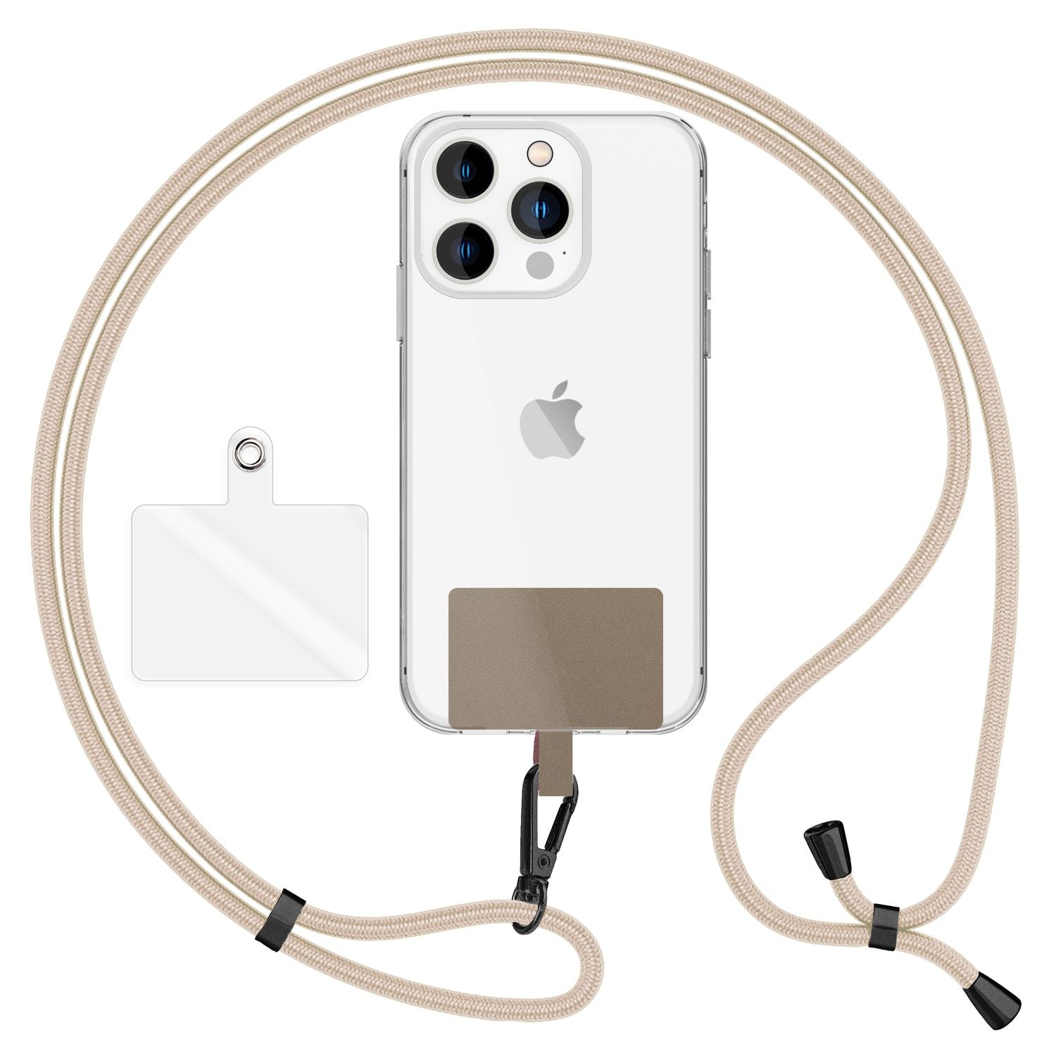 NALIA Universal-Kette mit Pad, Band für Handy-Hülle zum Umhängen, Karabinerhaken aus Metall (matt schwarz), Schlüsselband Umhängeband 160 CM, Crossbody Lanyard Weiß Beige NALIA Universal Handykette