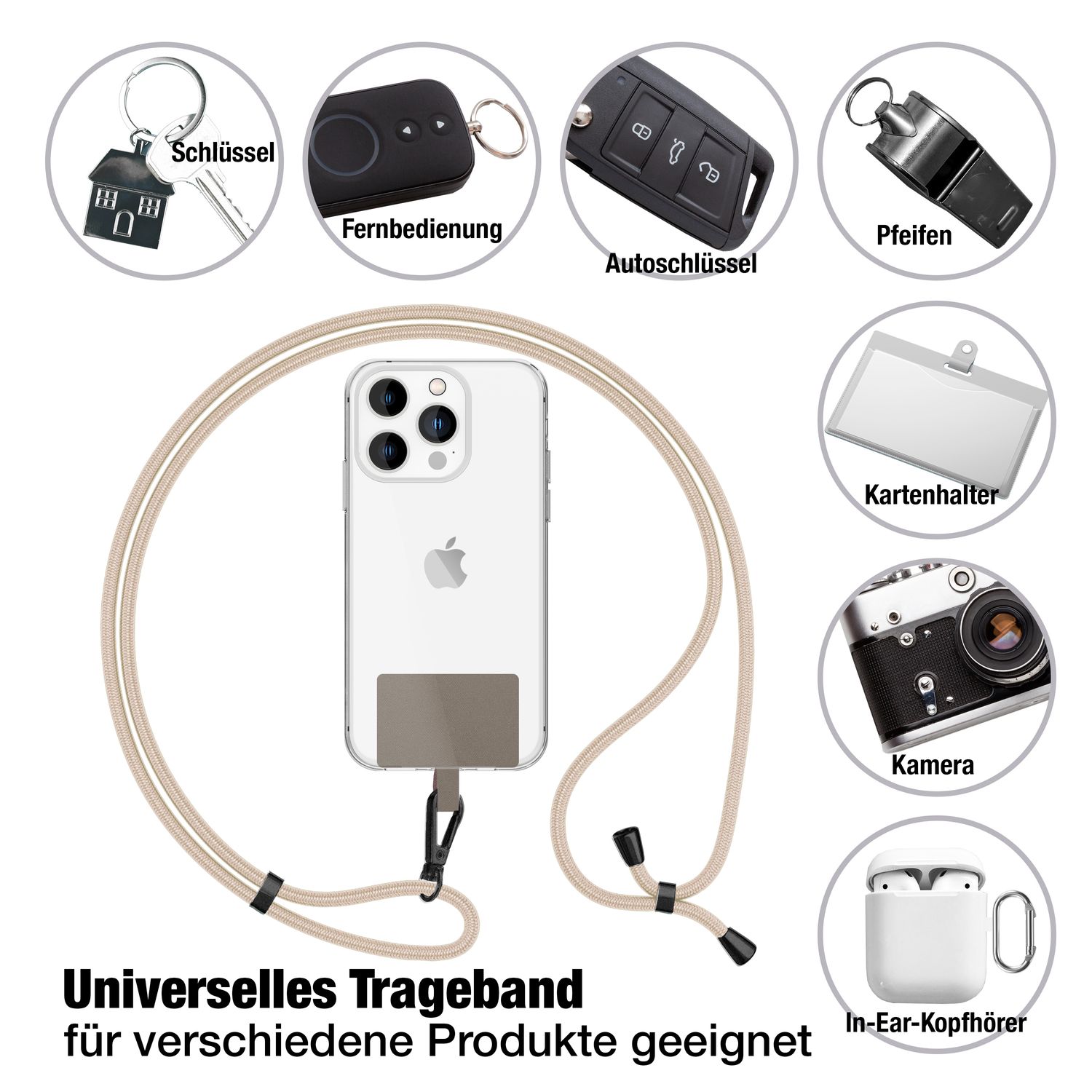 NALIA Universal-Kette mit Pad, Band für Handy-Hülle zum Umhängen, Karabinerhaken aus Metall (matt schwarz), Schlüsselband Umhängeband 160 CM, Crossbody Lanyard Weiß Beige NALIA Universal Handykette