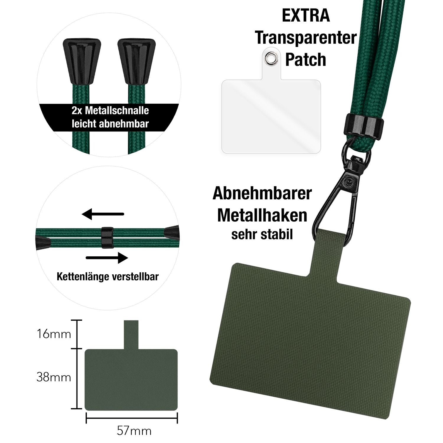 NALIA Universal-Kette mit Pad, Band für Handy-Hülle zum Umhängen, Karabinerhaken aus Metall (matt schwarz), Schlüsselband Umhängeband 160 CM, Crossbody Lanyard Dunkel-Grün NALIA Universal Handykette
