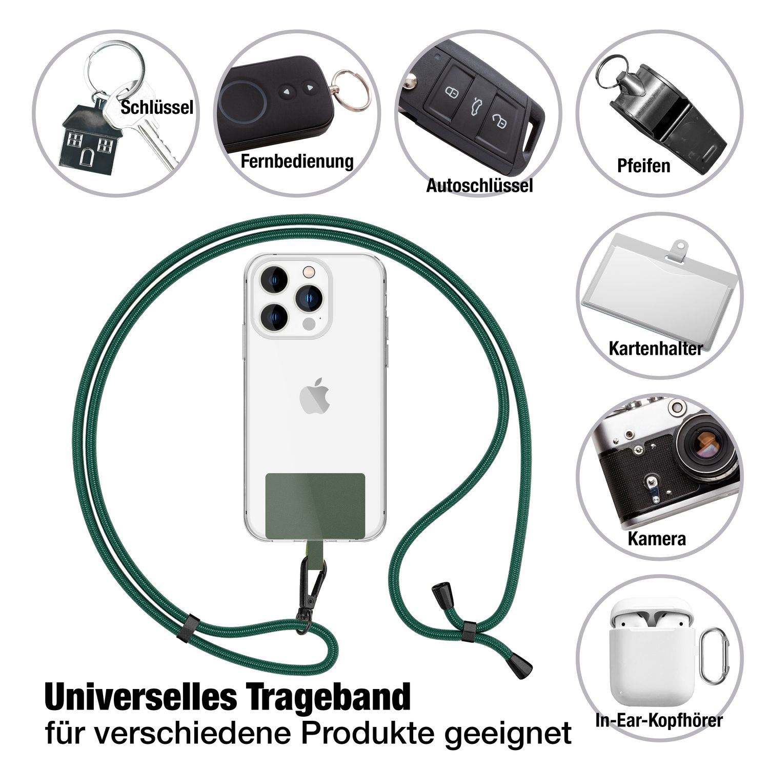 NALIA Universal-Kette mit Pad, Band für Handy-Hülle zum Umhängen, Karabinerhaken aus Metall (matt schwarz), Schlüsselband Umhängeband 160 CM, Crossbody Lanyard Dunkel-Grün NALIA Universal Handykette