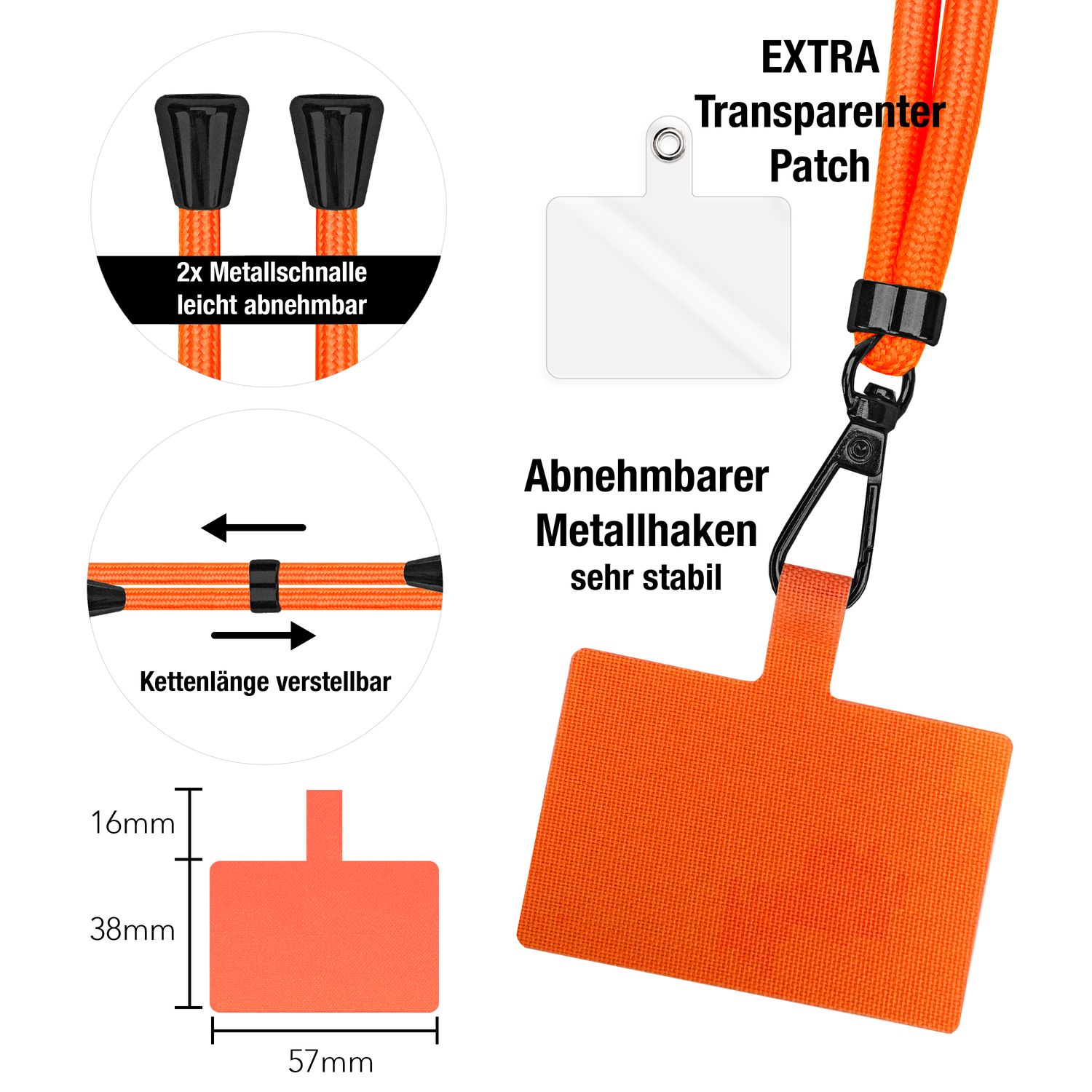 NALIA Universal-Kette mit Pad, Band für Handy-Hülle zum Umhängen, Karabinerhaken aus Metall (matt schwarz), Schlüsselband Umhängeband 160 CM, Crossbody Lanyard Orange NALIA Universal Handykette