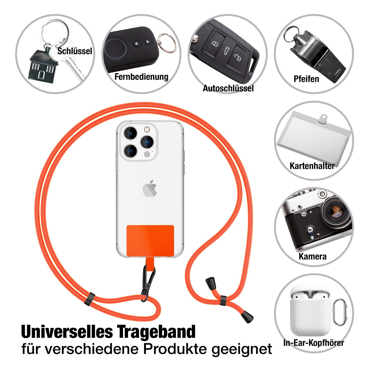 NALIA Universal-Kette mit Pad, Band für Handy-Hülle zum Umhängen, Karabinerhaken aus Metall (matt schwarz), Schlüsselband Umhängeband 160 CM, Crossbody Lanyard Orange NALIA Universal Handykette