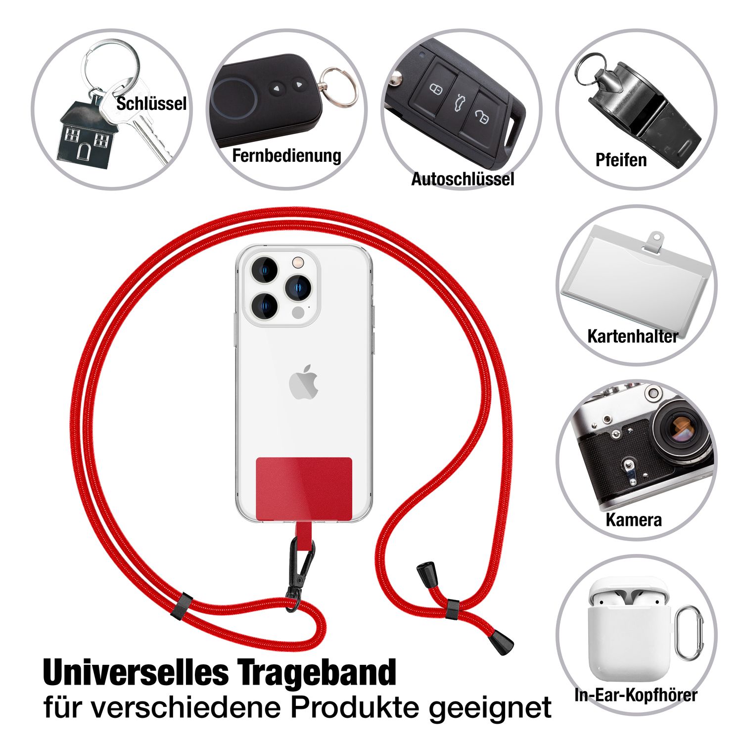 NALIA Universal-Kette mit Pad, Band für Handy-Hülle zum Umhängen, Karabinerhaken aus Metall (matt schwarz), Schlüsselband Umhängeband 160 CM, Crossbody Lanyard Rot NALIA Universal Handykette