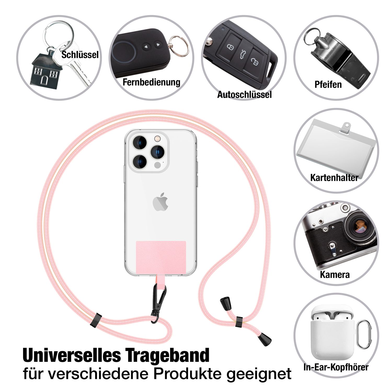 NALIA Universal-Kette mit Pad, Band für Handy-Hülle zum Umhängen, Karabinerhaken aus Metall (matt schwarz), Schlüsselband Umhängeband 160 CM, Crossbody Lanyard Pastell Rosa NALIA Universal Handykette