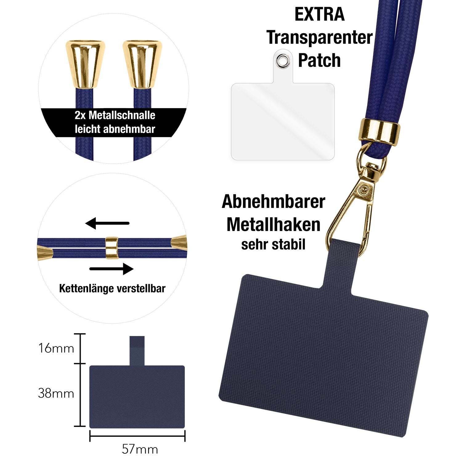 NALIA Universal-Kette mit Pad, Band für Handy-Hülle zum Umhängen, Karabinerhaken aus Metall (gold), Schlüsselband Umhängeband 160 CM, Crossbody Lanyard Dunkelblau NALIA Universal Handykette