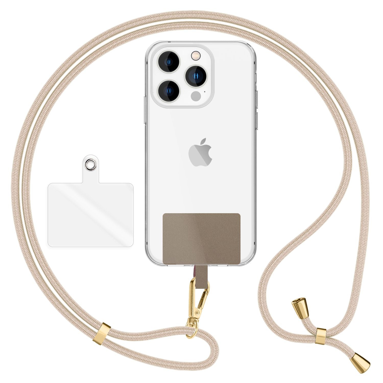 NALIA Universal-Kette mit Pad, Band für Handy-Hülle zum Umhängen, Karabinerhaken aus Metall (gold), Schlüsselband Umhängeband 160 CM, Crossbody Lanyard Weiß Beige NALIA Universal Handykette