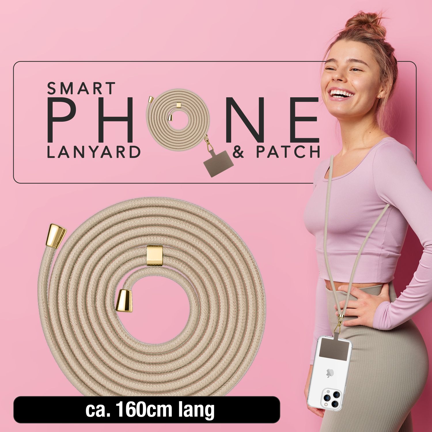 NALIA Universal-Kette mit Pad, Band für Handy-Hülle zum Umhängen, Karabinerhaken aus Metall (gold), Schlüsselband Umhängeband 160 CM, Crossbody Lanyard Weiß Beige NALIA Universal Handykette